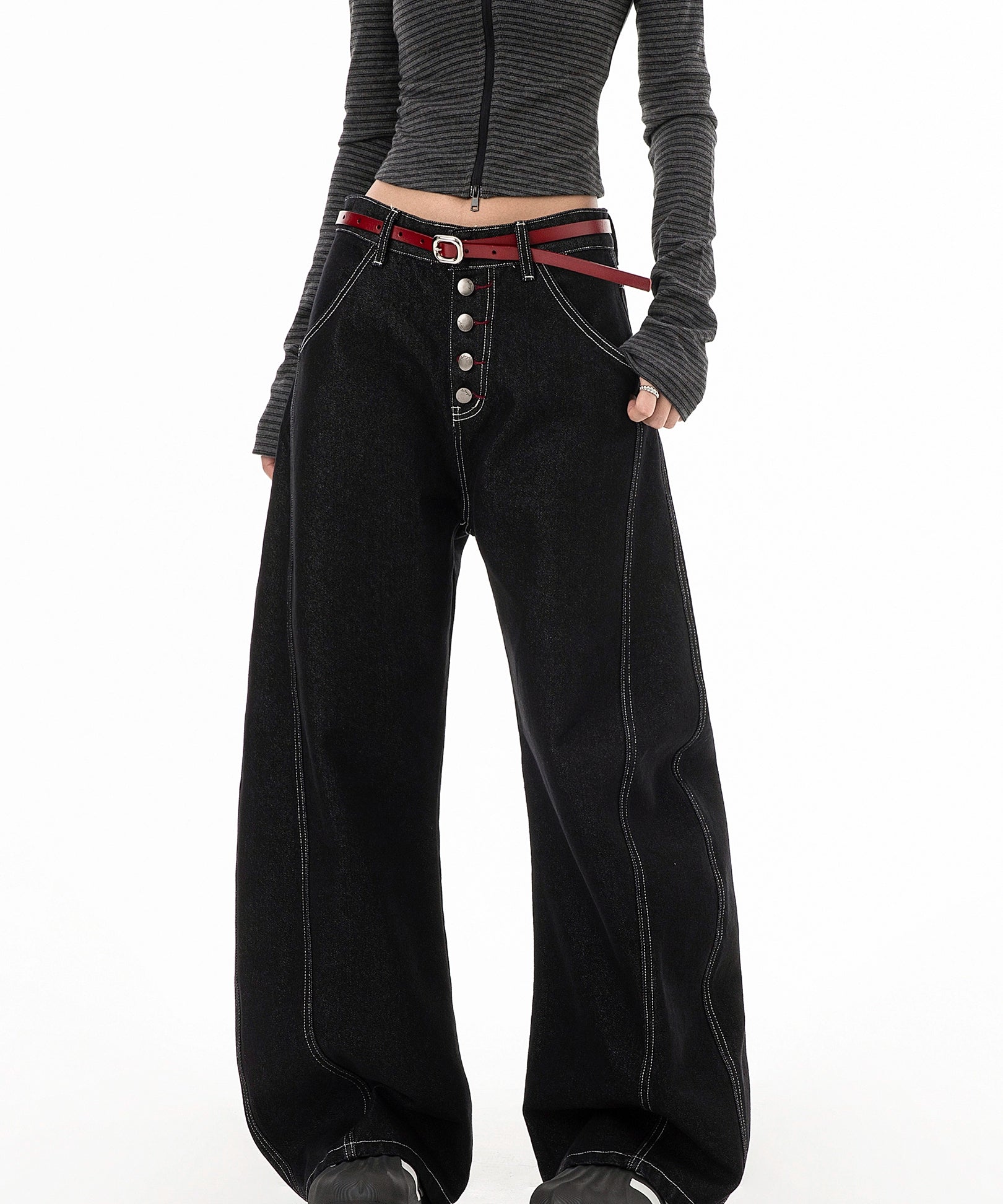 ICH MODE 美式复古弯刀牛仔裤女夏季廊形阔腿裤休闲裤宽松直筒裤