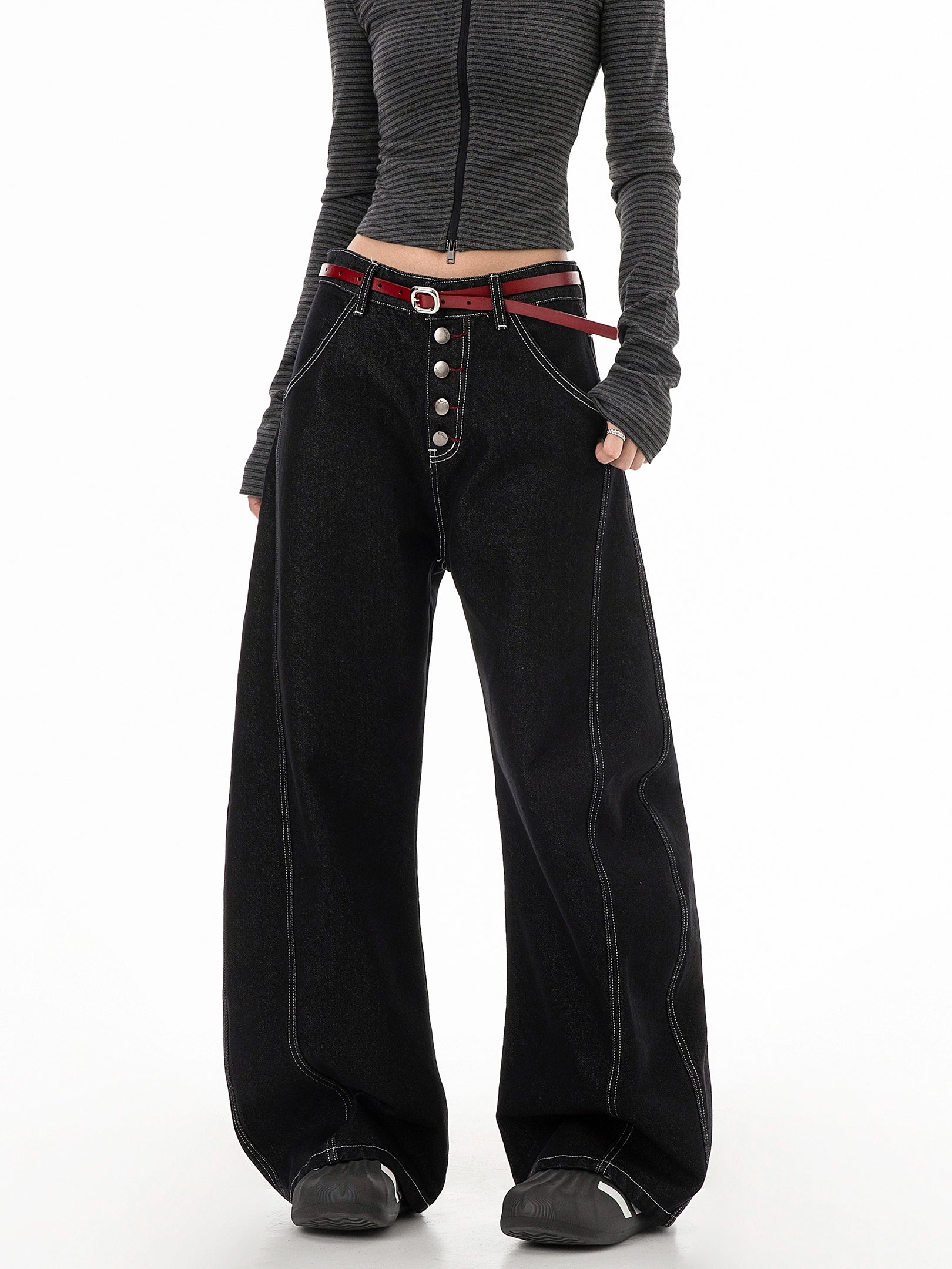 ICH MODE 美式复古弯刀牛仔裤女夏季廊形阔腿裤休闲裤宽松直筒裤