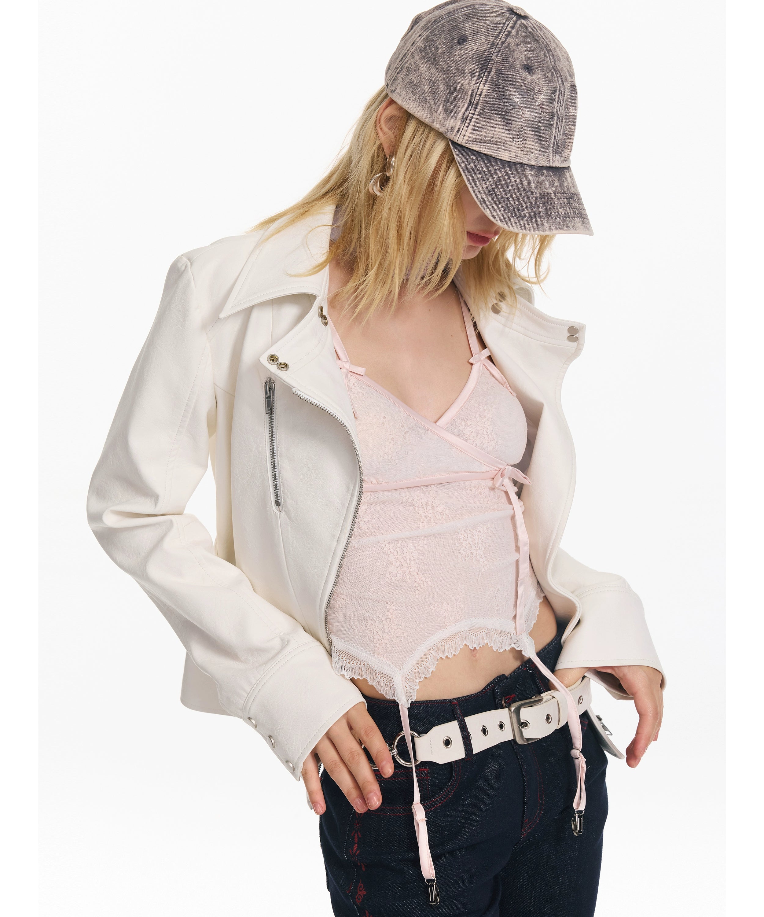 2th Desire美式复古辣妹修身机车服设计感朋克短款皮夹克外套上衣