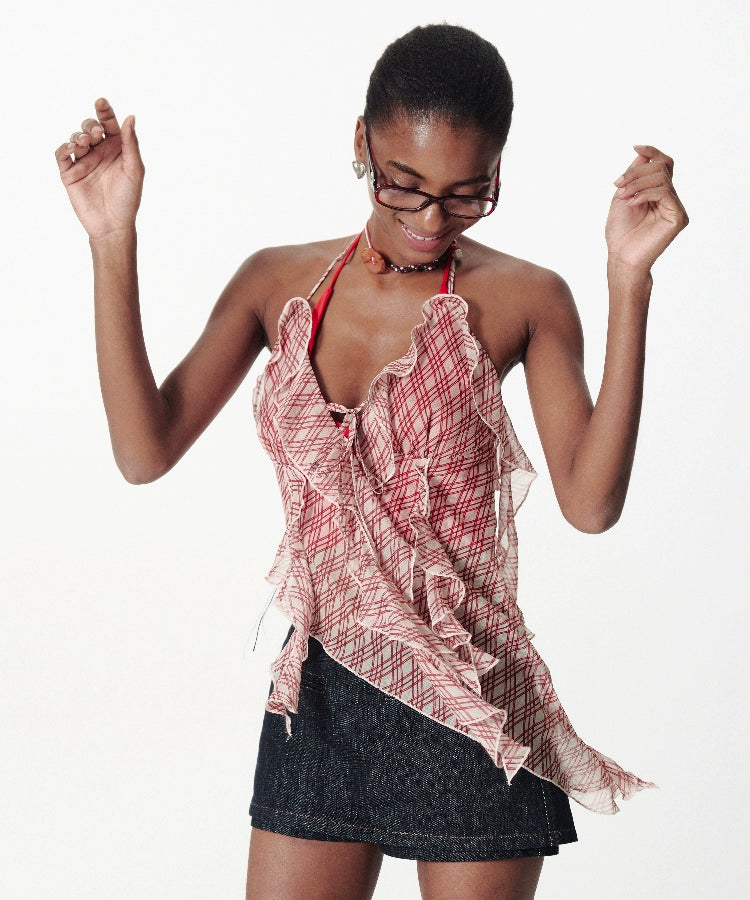 2th Desire格纹V领撒银不规则荷叶边露背挂脖吊带背心无袖上衣女