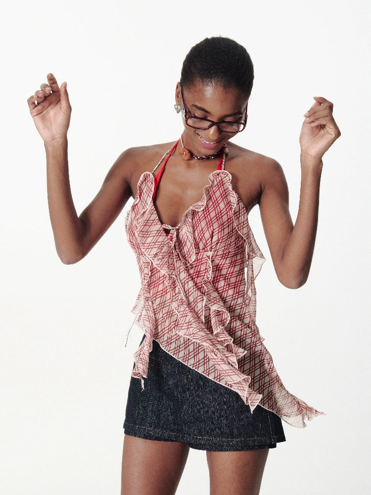 2th Desire格纹V领撒银不规则荷叶边露背挂脖吊带背心无袖上衣女