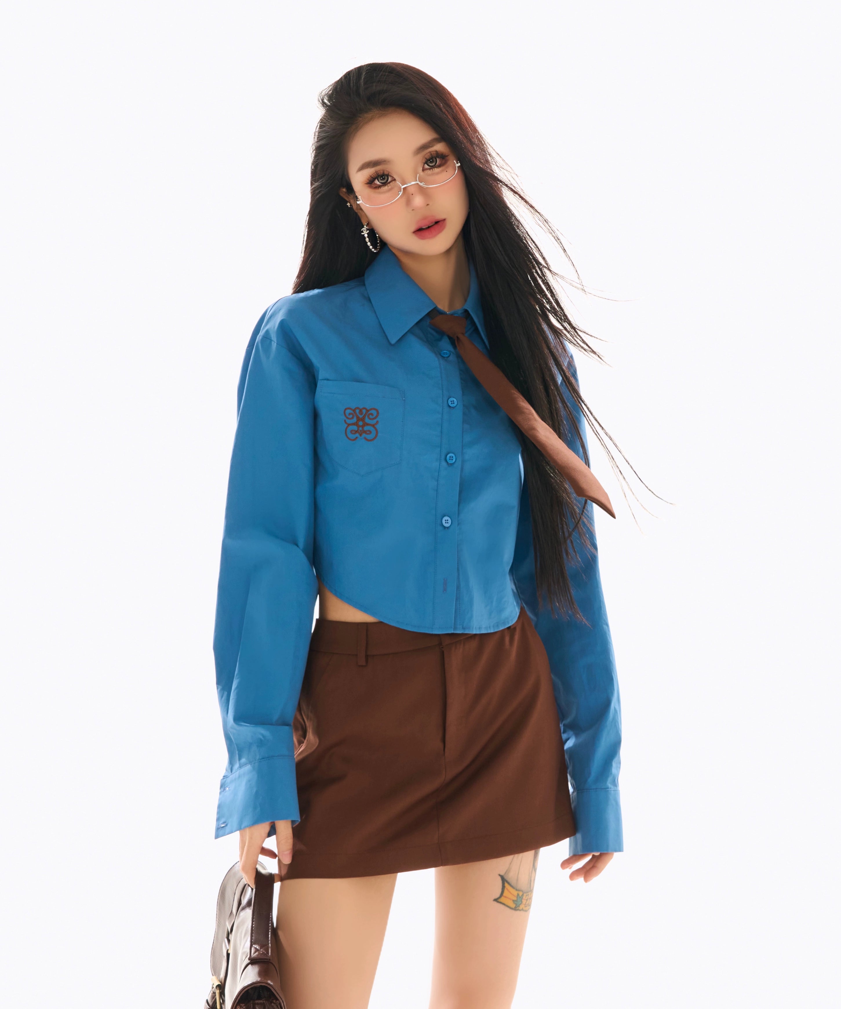 野生zerocircle 初春穿搭套装女白色短款长袖衬衫a字包臀半身裙子