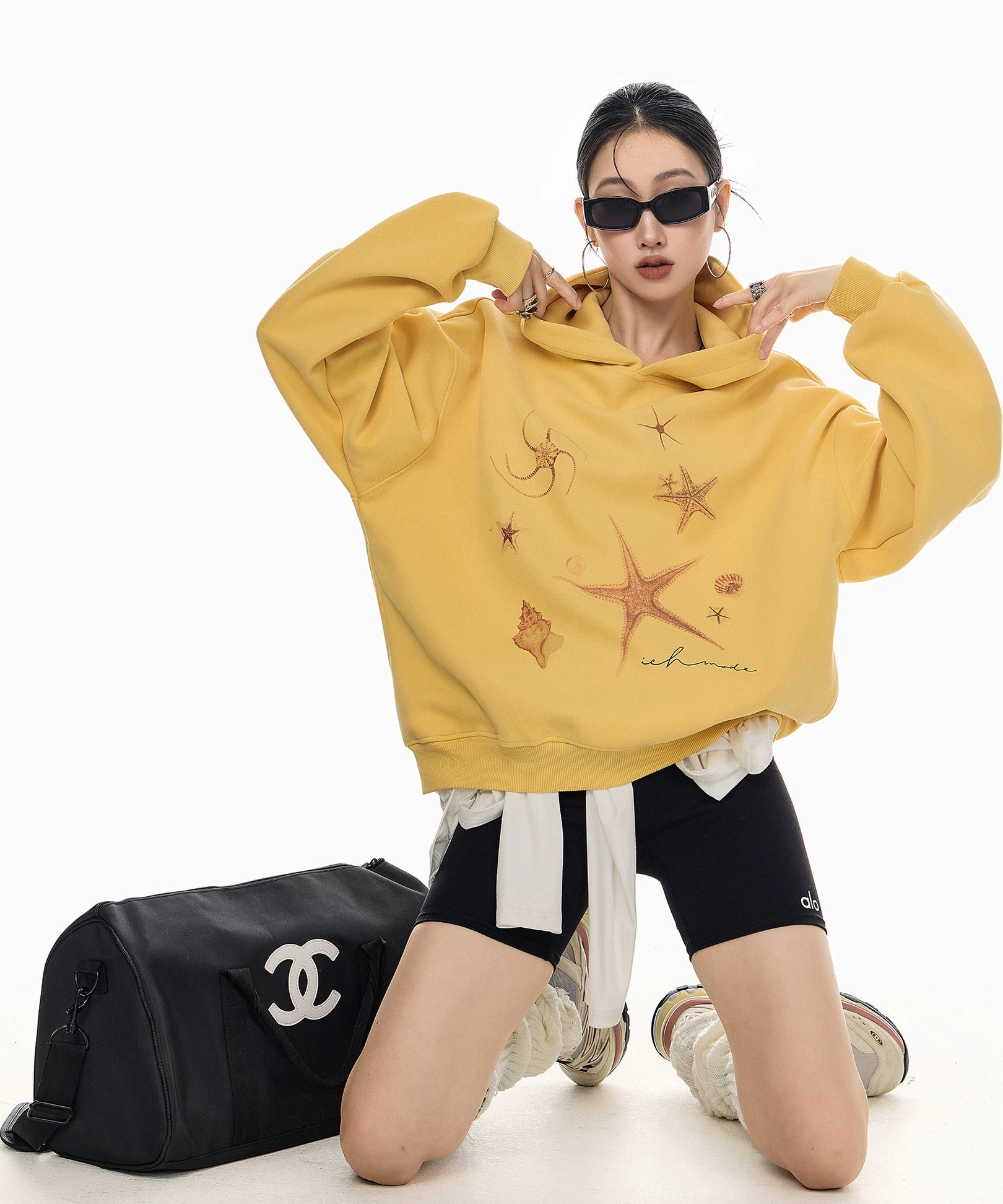ICH MODE 美式复古海星连帽卫衣女秋冬新款重磅帽衫宽松运动上衣