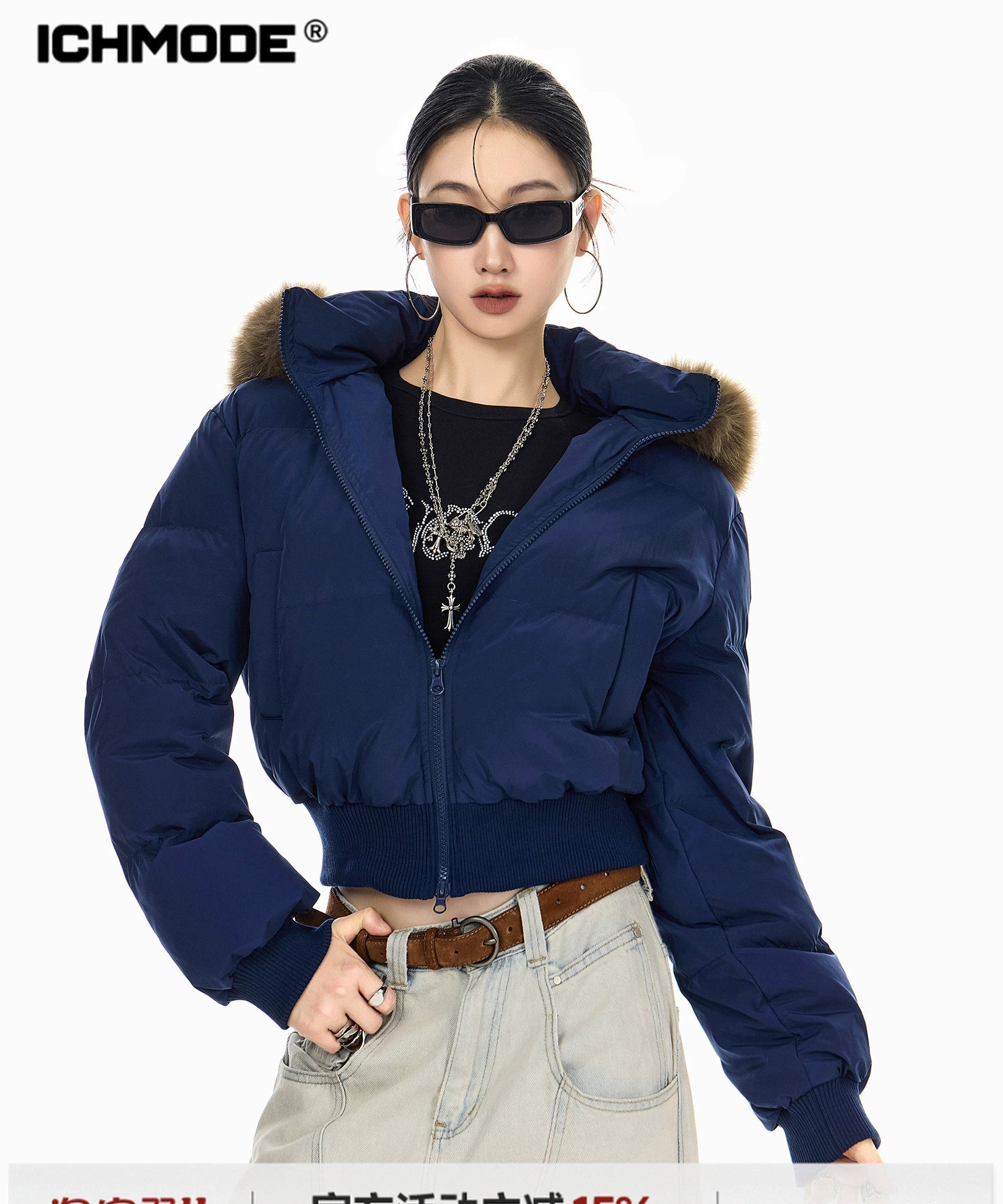 ICH MODE 美式复古大毛领短款棉服女秋冬季连帽开衫棉袄修身外套