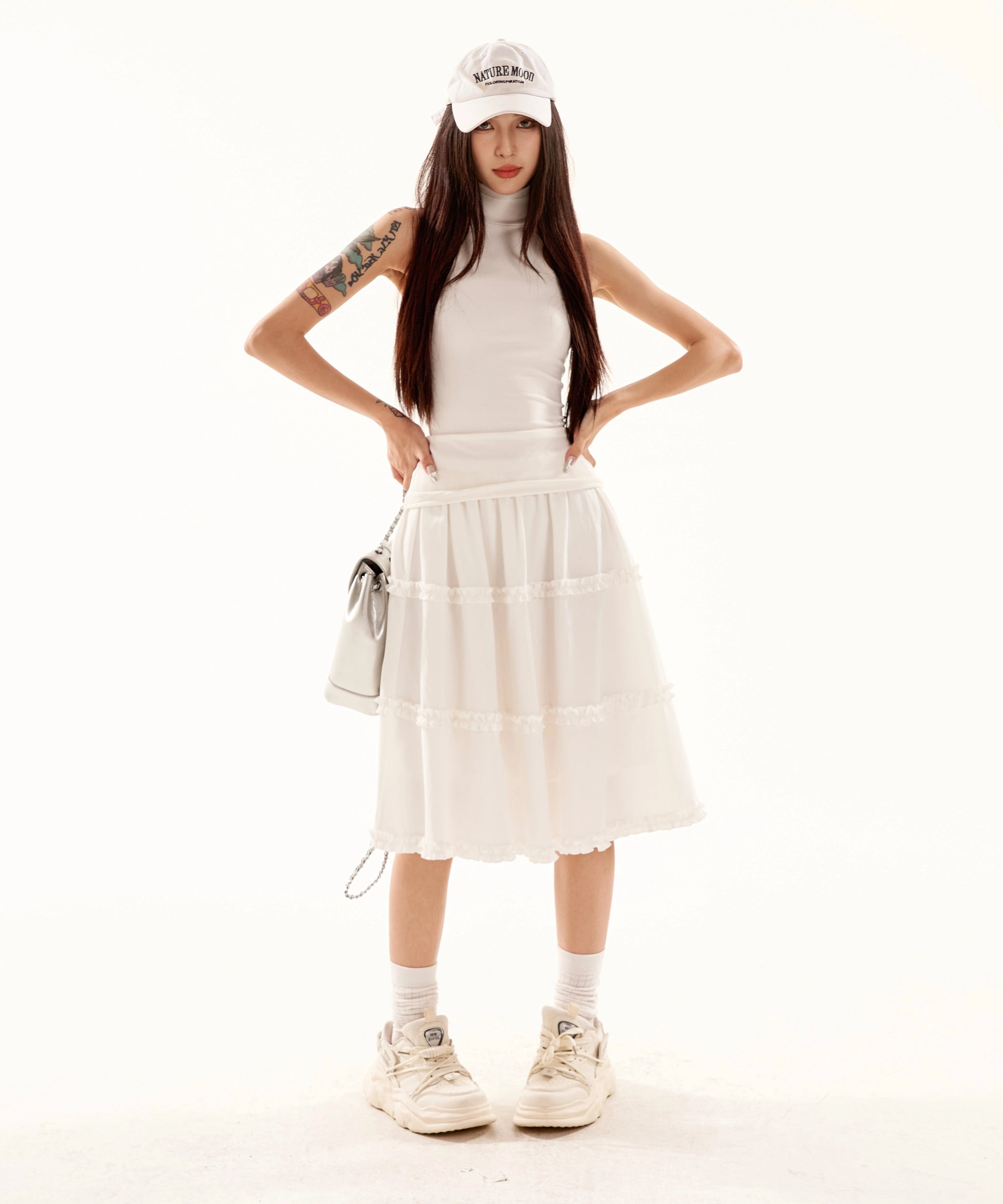 野生zero 白黑色松紧腰荷叶边半身裙女夏a字宽松显瘦中长蛋糕裙子