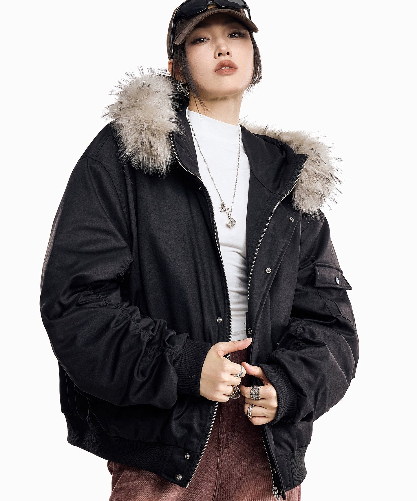 ICH MODE 美式复古毛领加厚棉服女秋冬季宽松保暖派克服棉衣外套