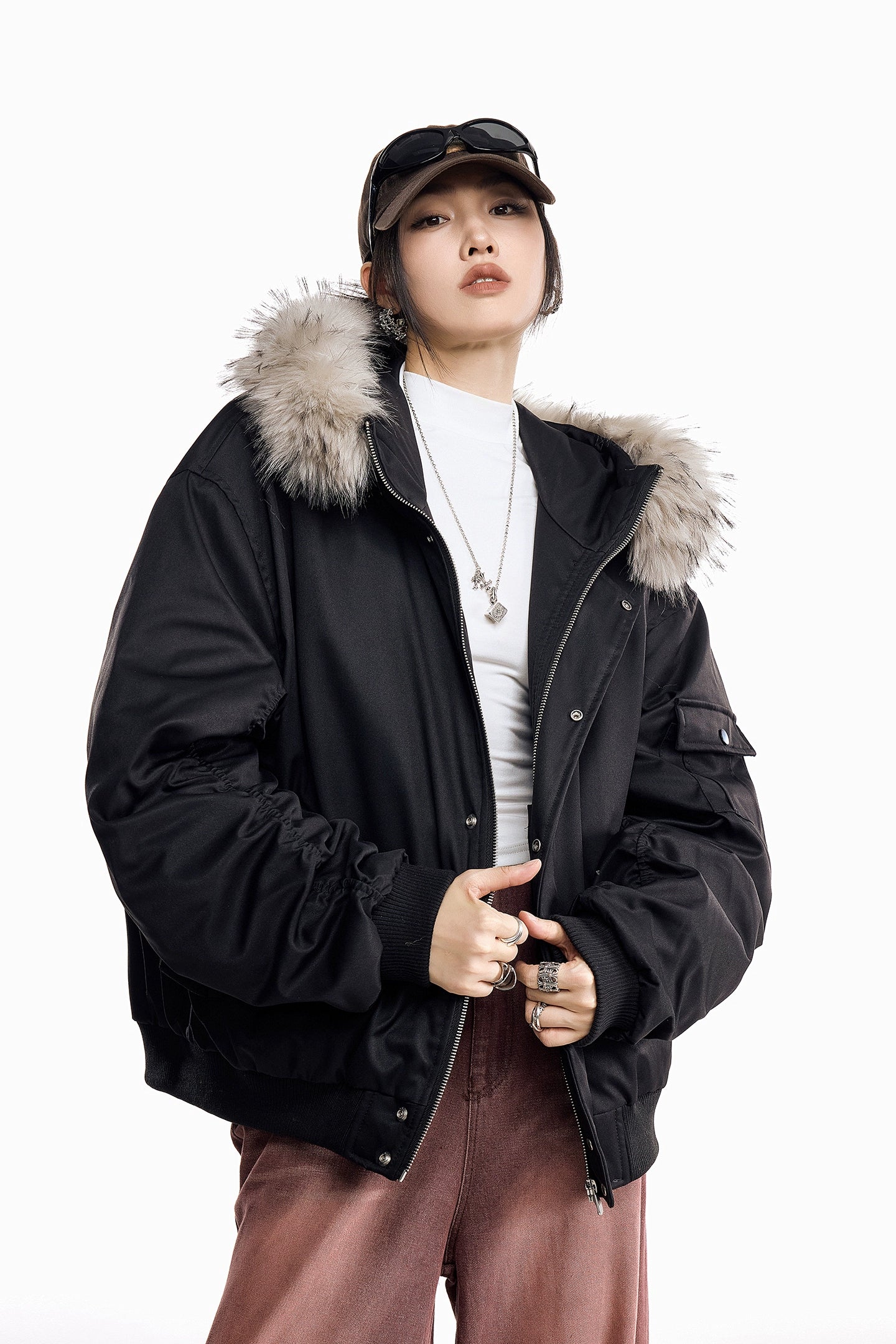 ICH MODE 美式复古毛领加厚棉服女秋冬季宽松保暖派克服棉衣外套