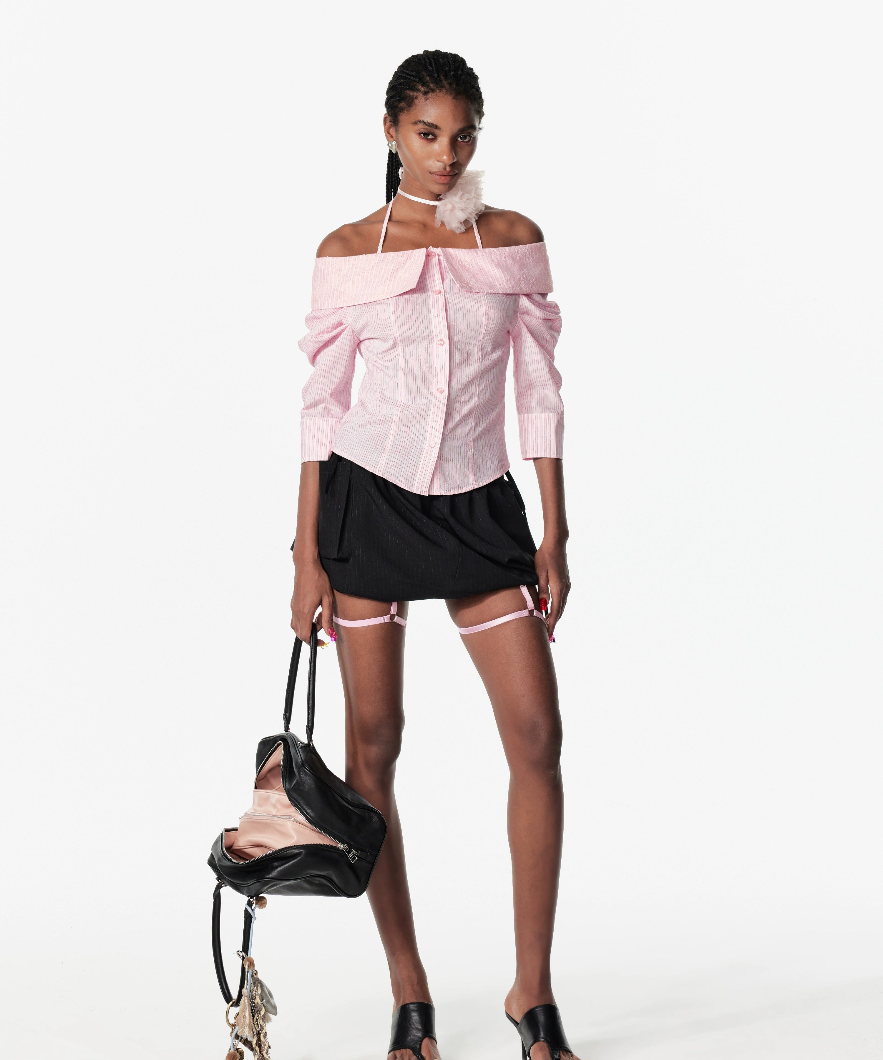 2th Desire复古口袋多褶银丝条纹蝴蝶结绑带A字花苞短裙半身裙女