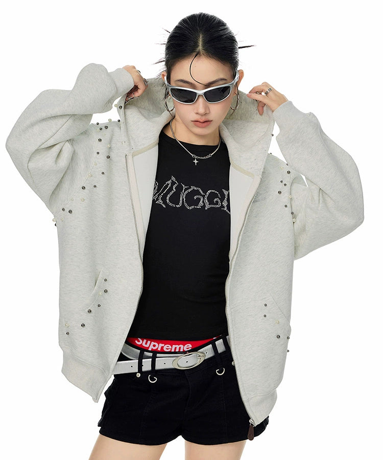 ICH MODE 美式复古珍珠连帽外套女2025新款秋冬宽松卫衣开衫上衣