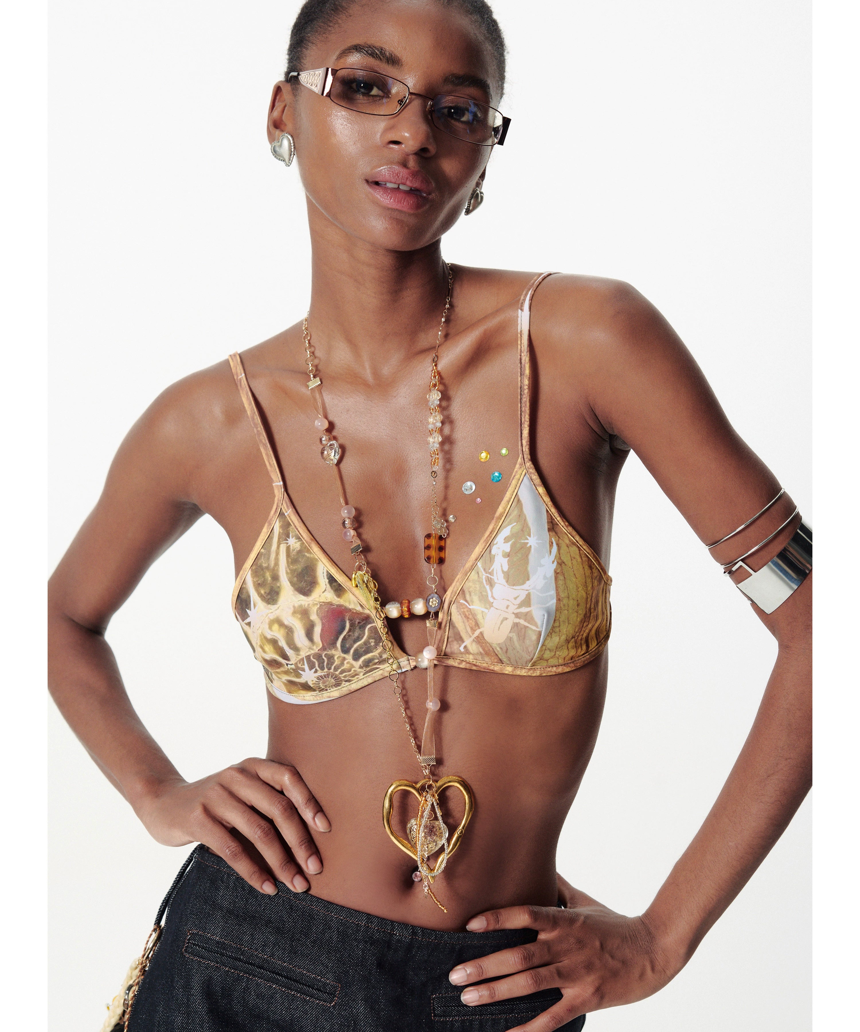 2th Desire海岛度假珍珠印花拼珠绑带撞色泳衣辣妹比基尼泳衣套装