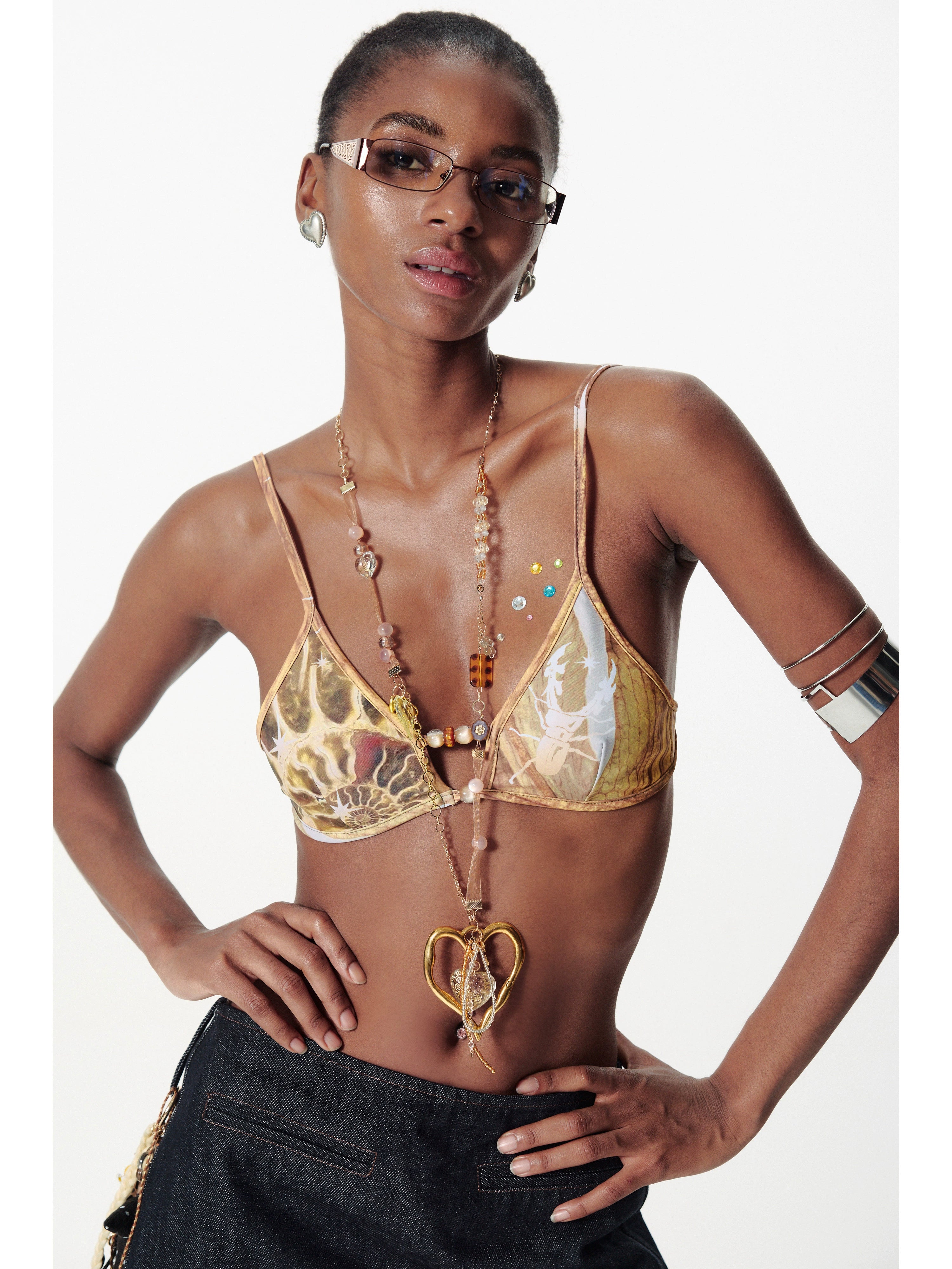 2th Desire海岛度假珍珠印花拼珠绑带撞色泳衣辣妹比基尼泳衣套装