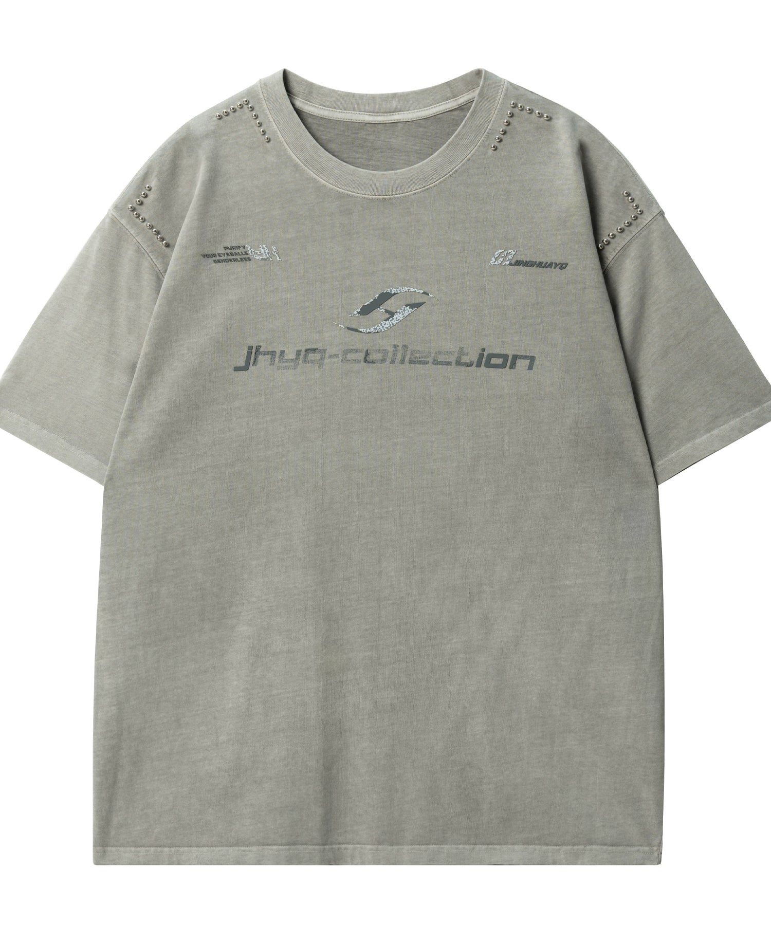 【水洗系列】JHYQ美式280g破坏字母印花钉珠短袖t恤男宽松潮嘻哈