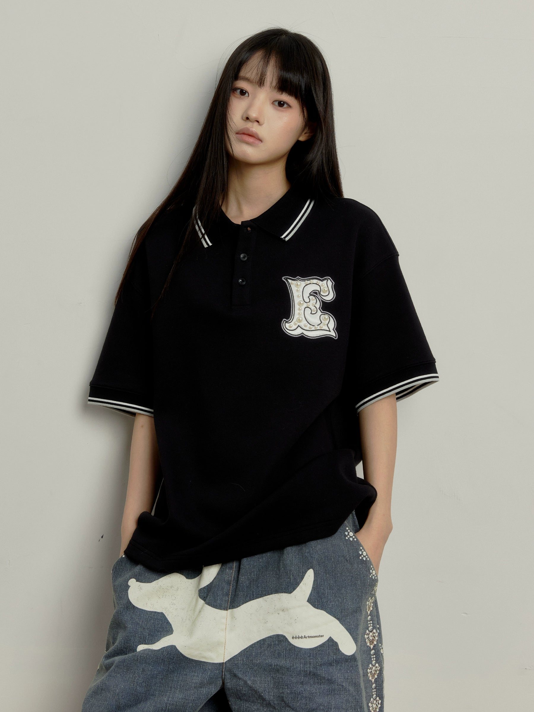 “珠围翠绕”| eeee原创制服感钉珠珍珠字母POLO短袖校园风T恤夏