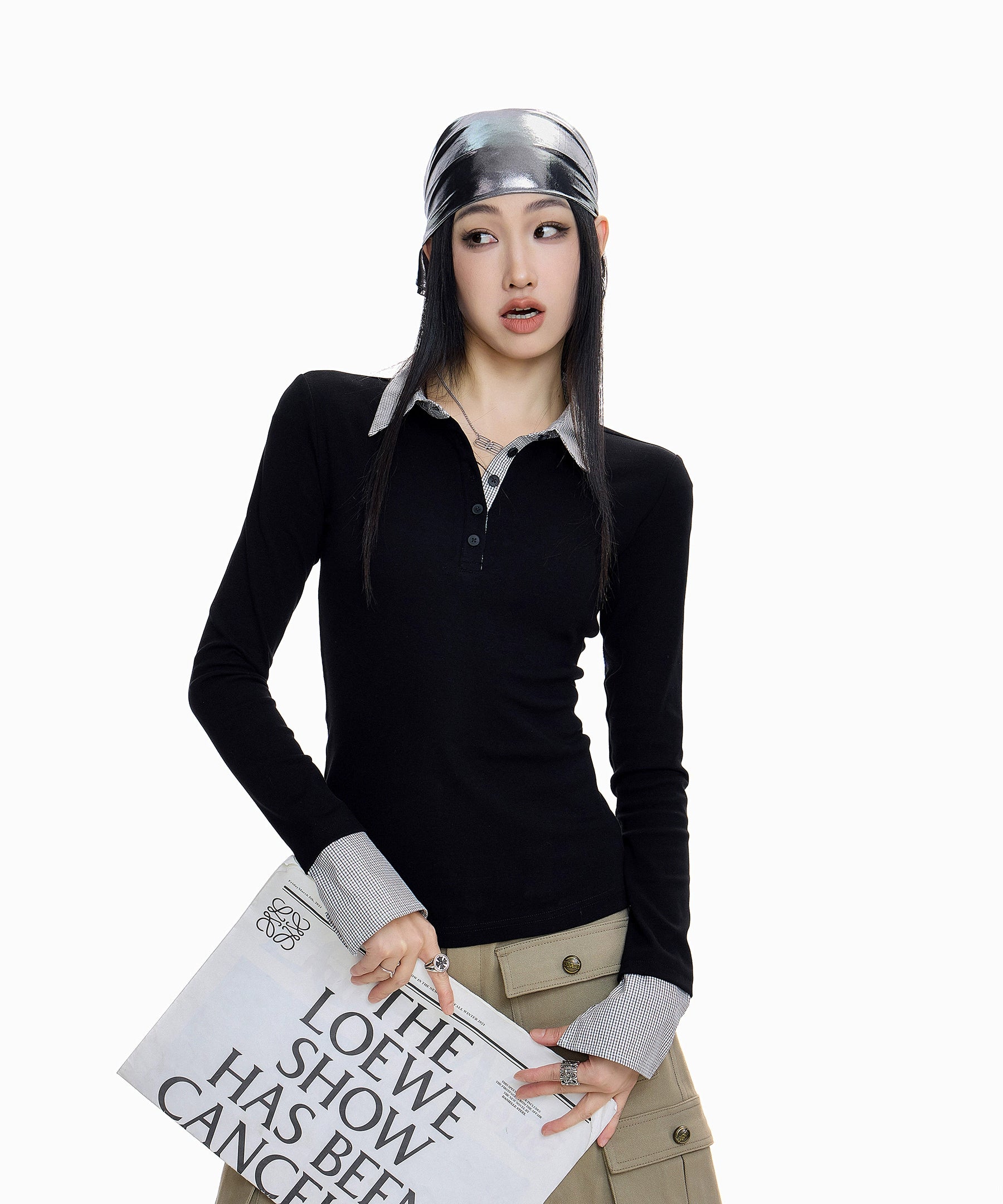 ICH MODE 美式假两件POLO领T恤女秋冬修身长袖格子内搭打底衫上衣