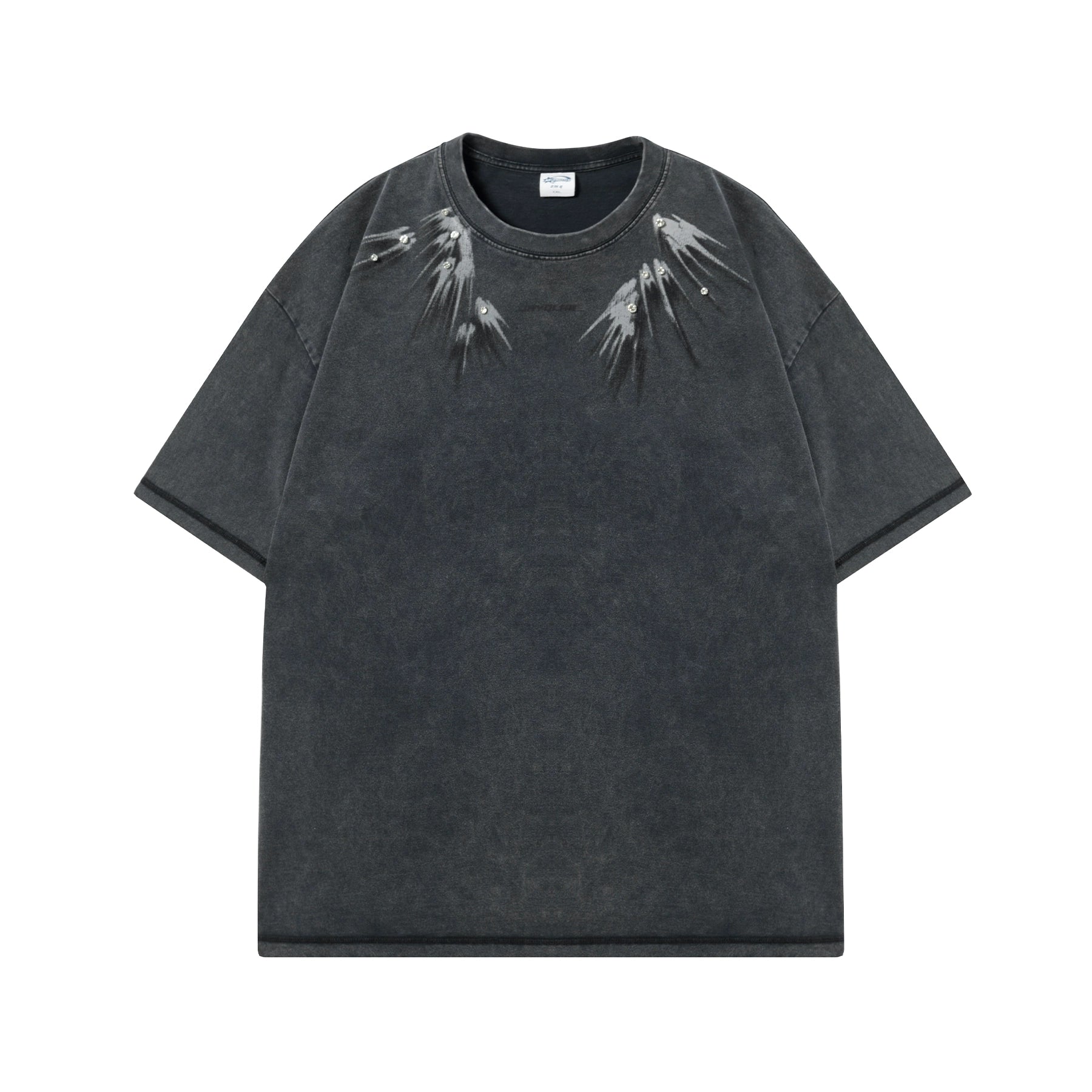 【燕尾】JHYQ美式水洗做旧印花镶钻短袖T恤男宽松重磅圆领上衣夏