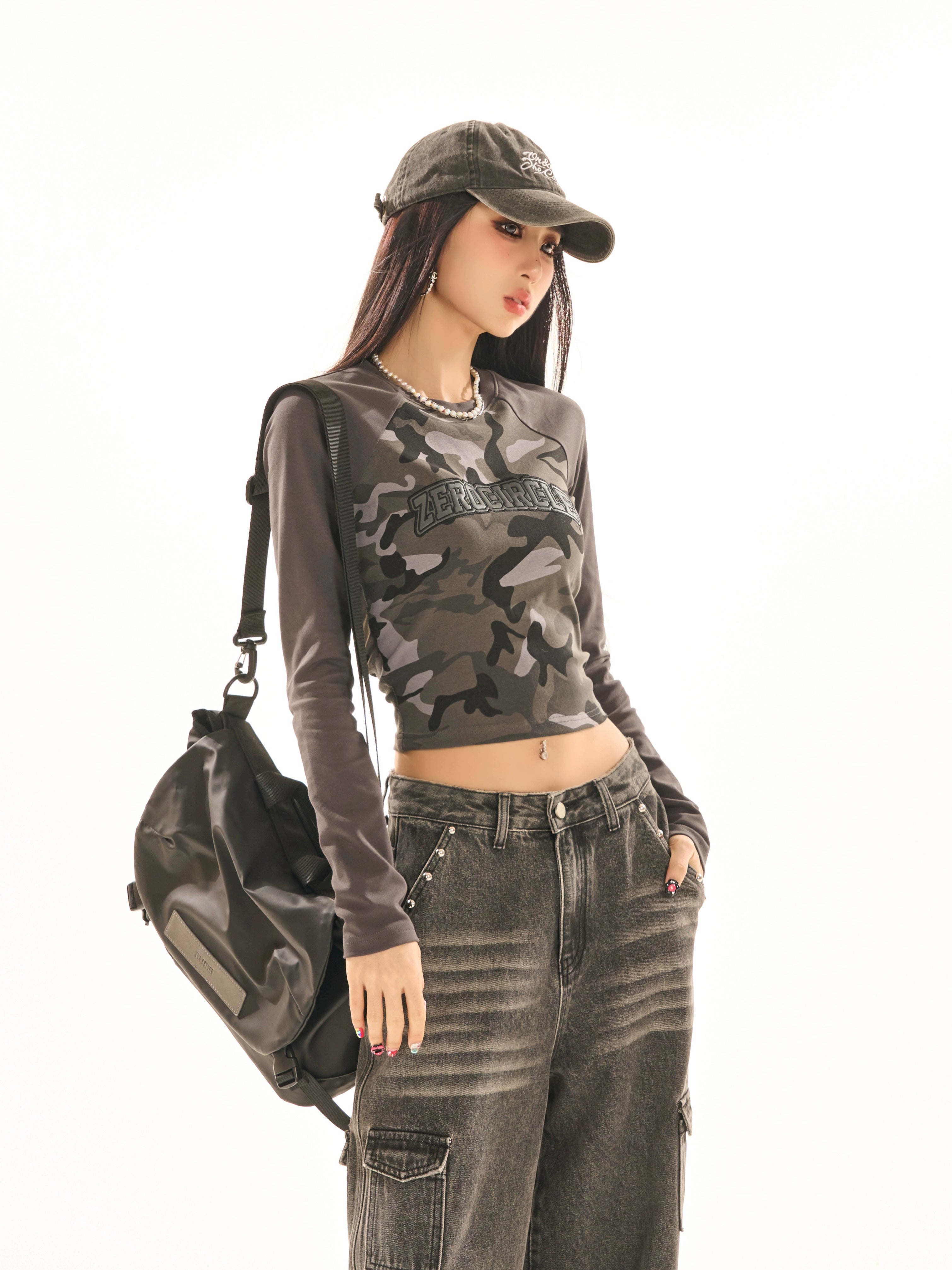 野生zerocircle 拼接插肩长袖t恤女春季小众显瘦修身辣妹棕色上衣