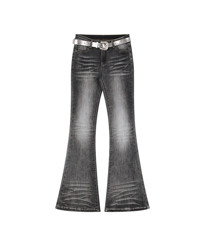 野生zero灰色复古水洗紧身微喇牛仔裤女夏设计感小众显瘦休闲裤子