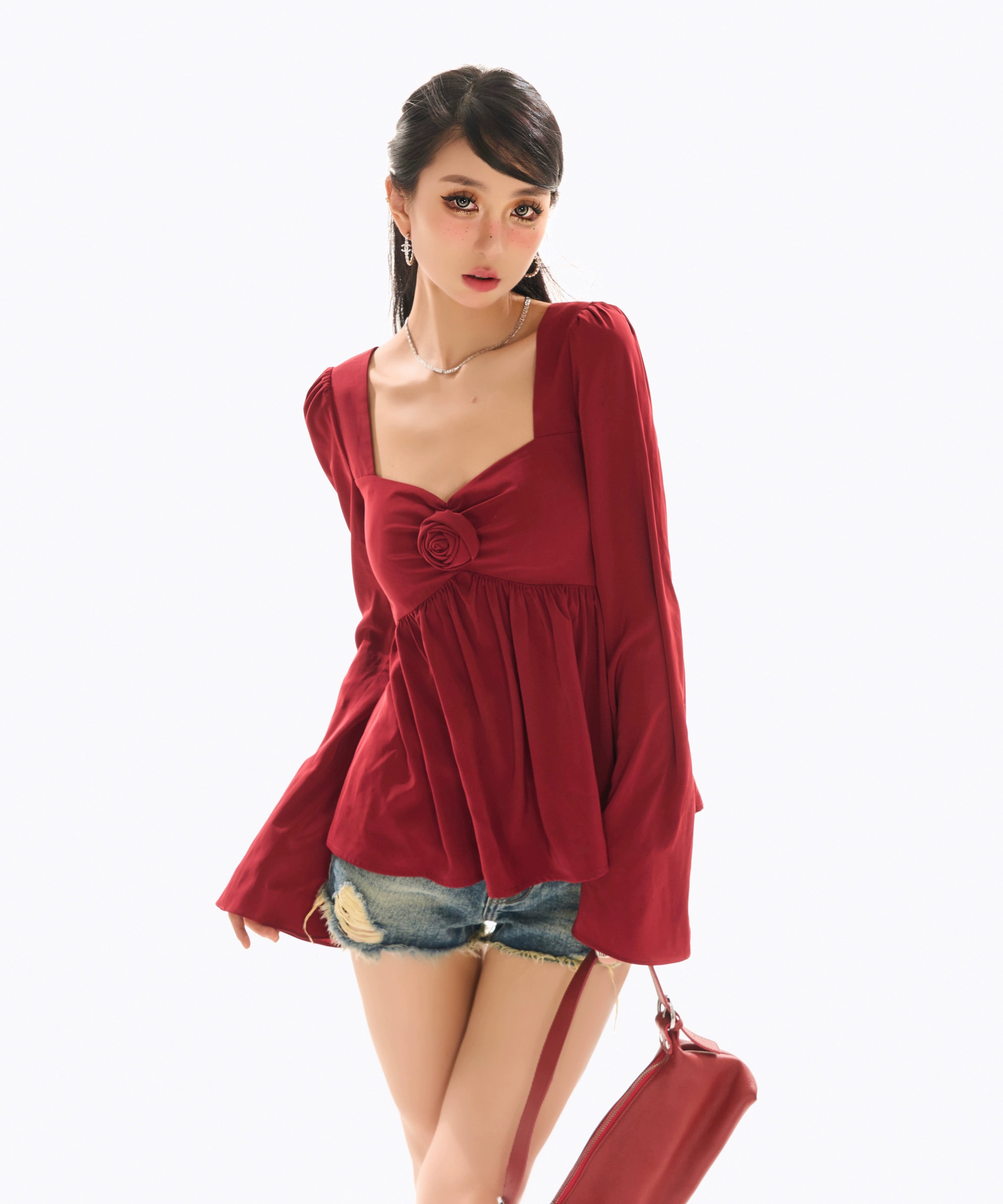 野生zerocircle红色法式别致小衫女春辣妹小众显瘦花朵喇叭袖上衣