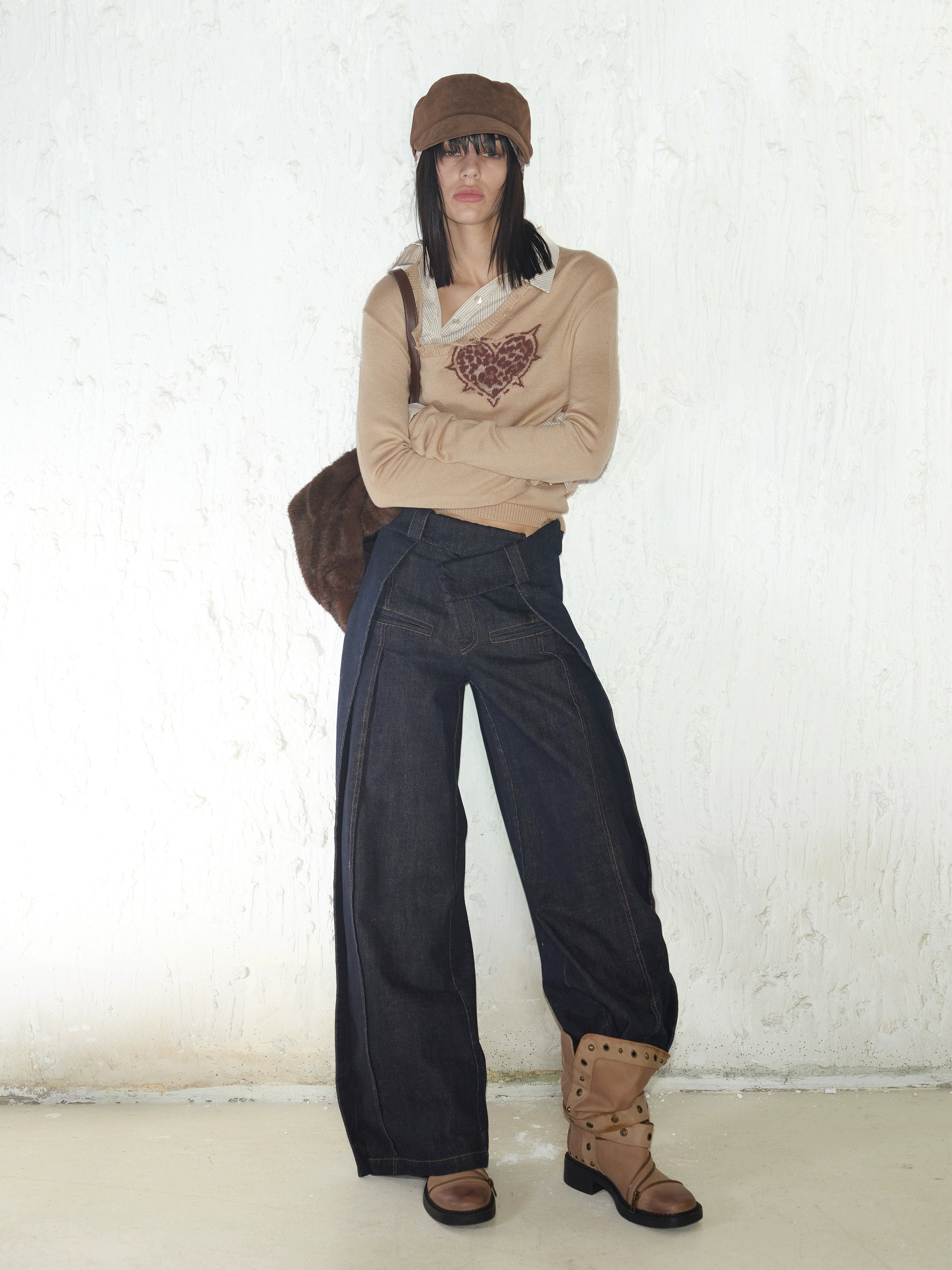 2th Desire时髦复古爱心豹纹假两件拼接撞色条纹毛衣针织衫上衣