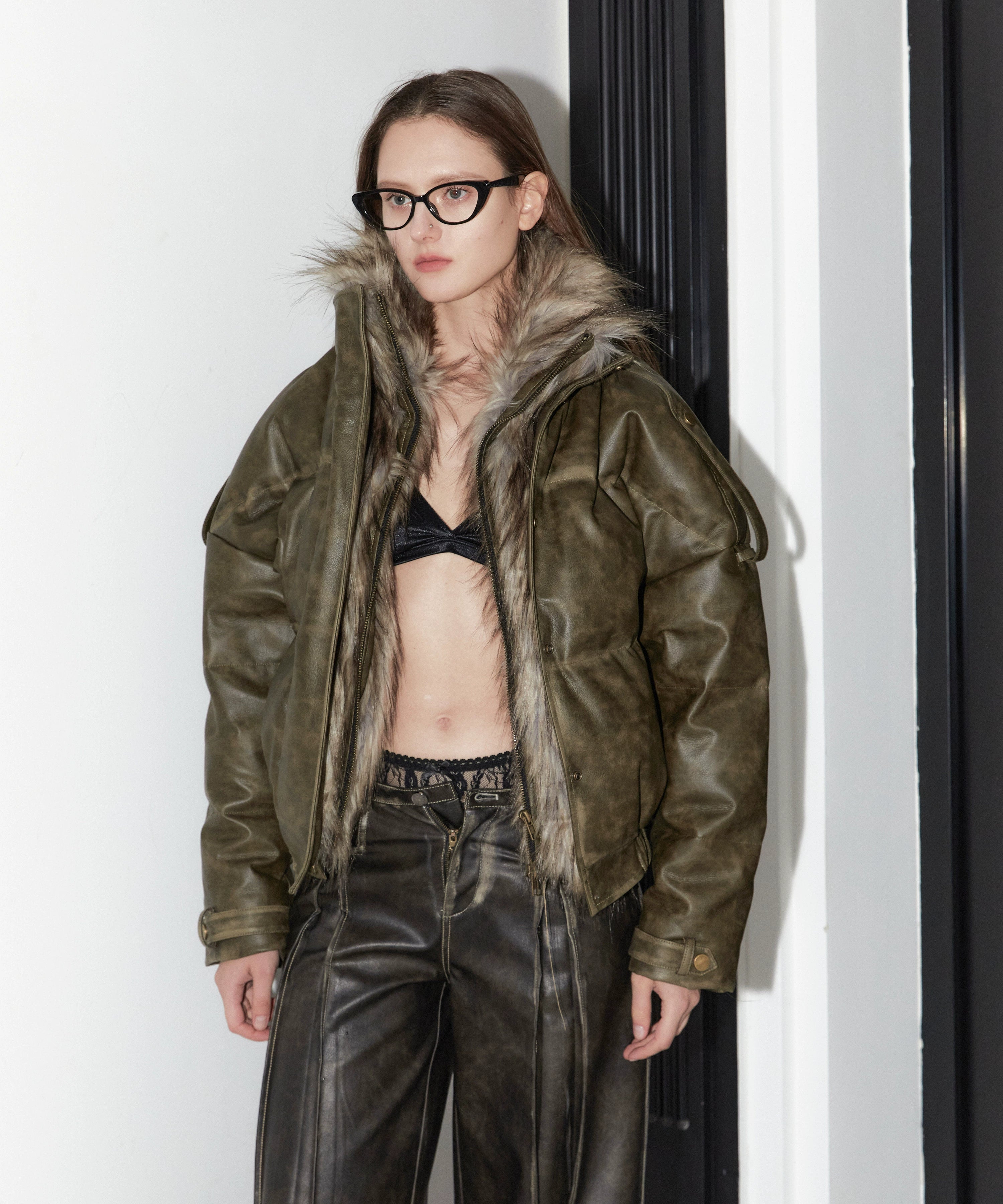 2th Desire大朵90白鸭绒美式复古皮草拼接冬季羽绒服女擦色机车风