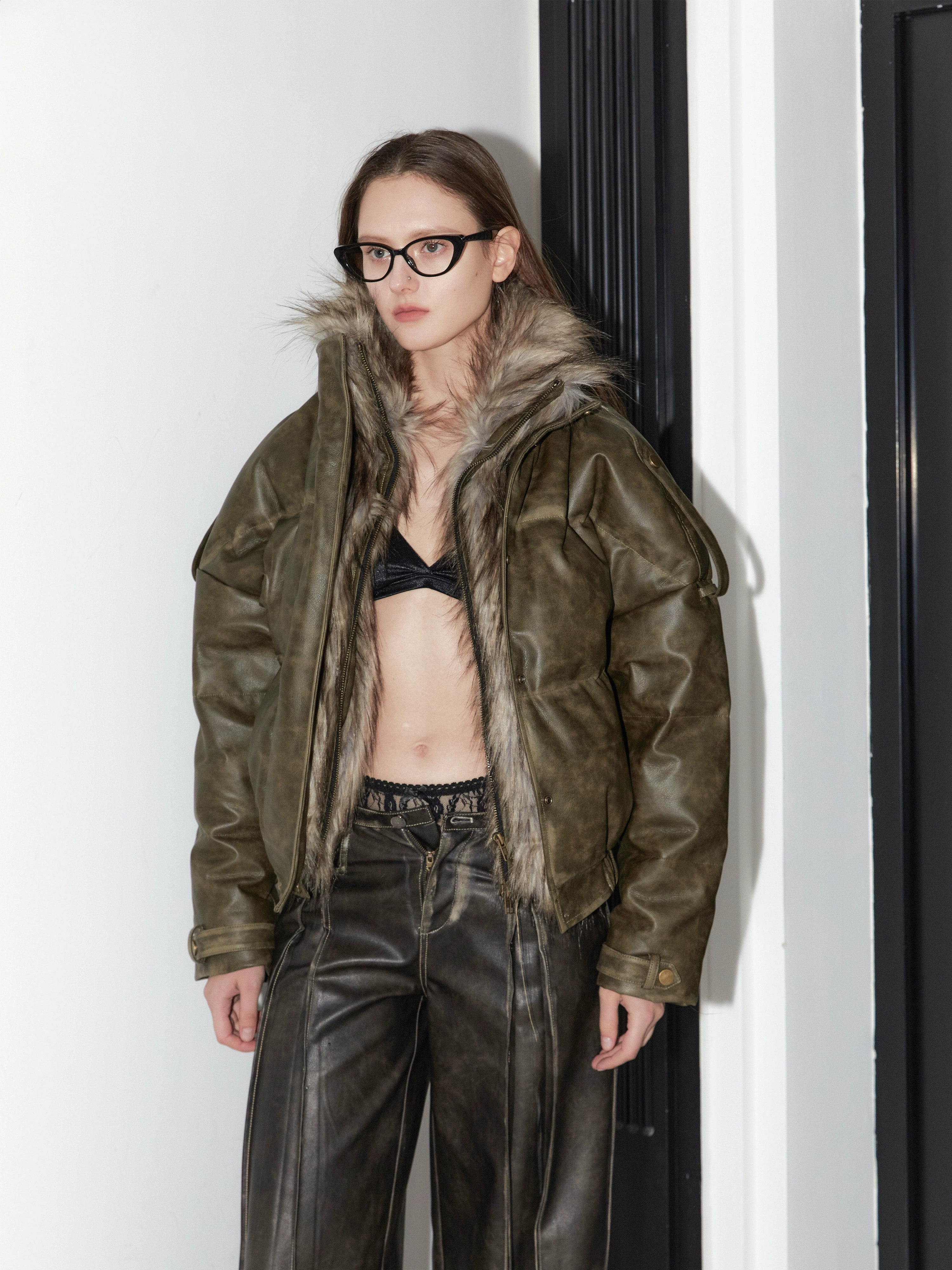 2th Desire大朵90白鸭绒美式复古皮草拼接冬季羽绒服女擦色机车风