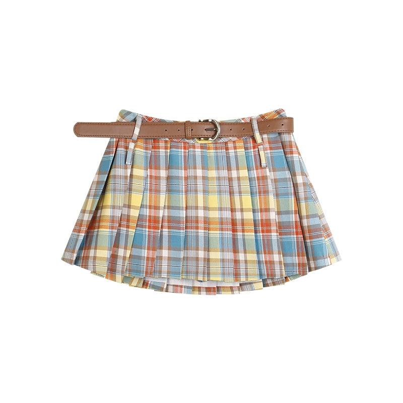 野生zerocircle 彩色格子半身百褶裙女春季辣妹小众a字显瘦短裙子