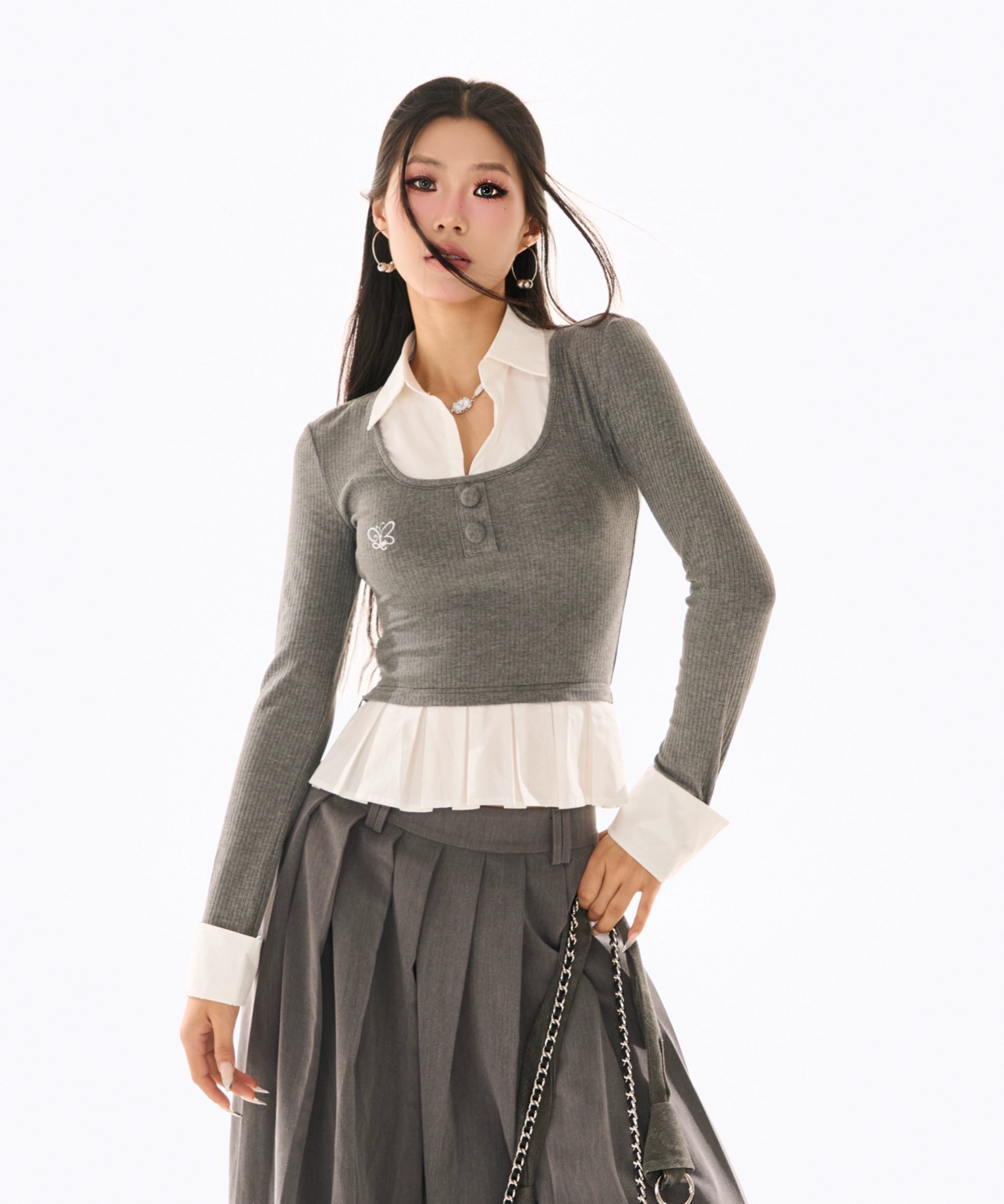 野生zerocircle灰色假两件针织衫女春季韩系修身显瘦拼接长袖上衣