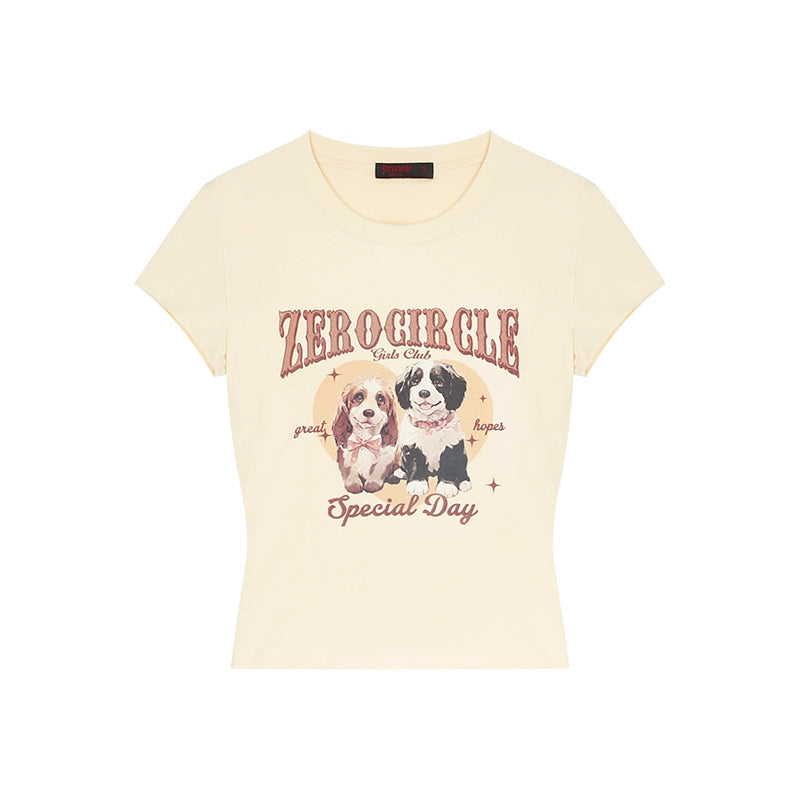 野生zero 粉色正肩短袖t恤女夏设计感甜辣妹修身收腰显瘦印花上衣