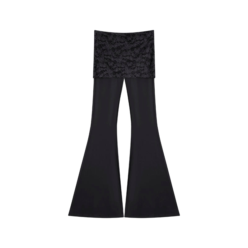 野生zero黑灰绿色喇叭裤女春夏季修身显瘦假两件蕾丝休闲瑜伽裤子