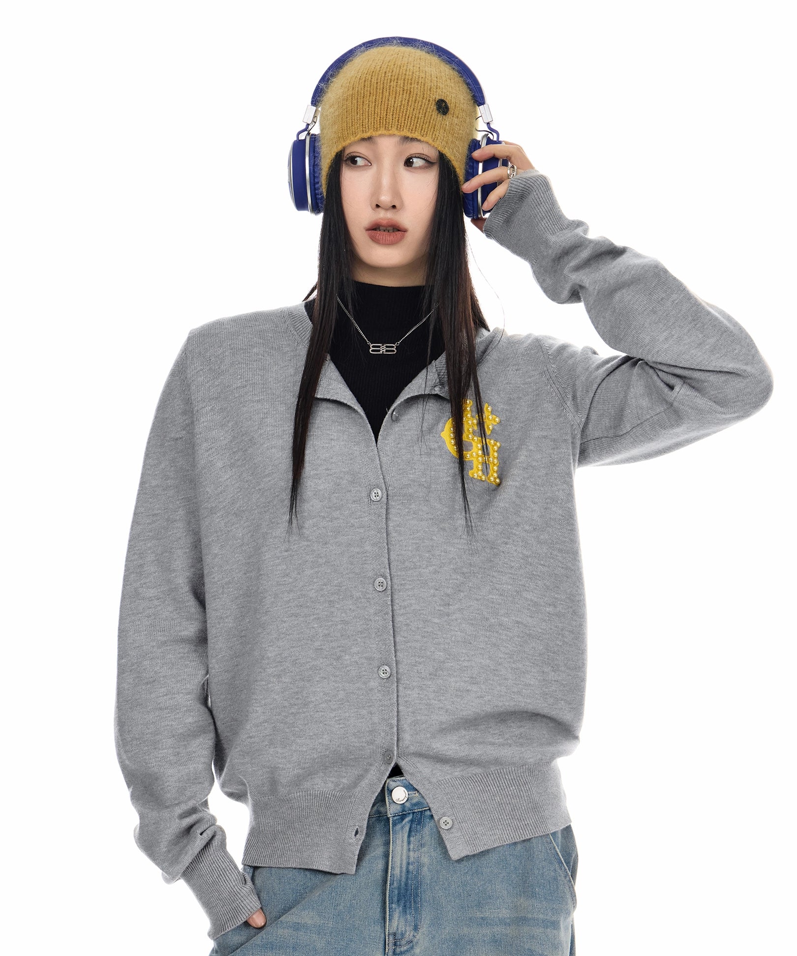 ICH MODE 美式复古珍珠针织开衫女秋冬季氛围感外搭休闲毛衣外套