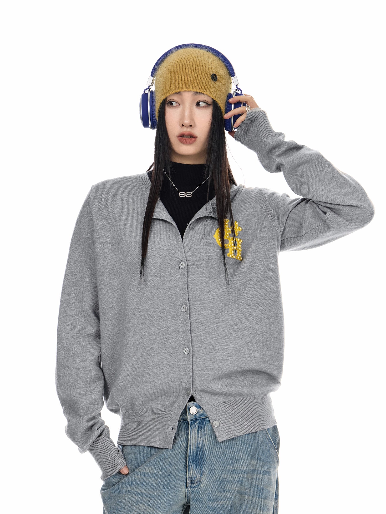 ICH MODE 美式复古珍珠针织开衫女秋冬季氛围感外搭休闲毛衣外套