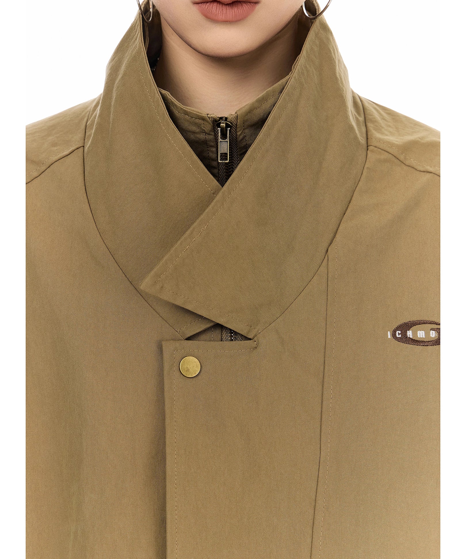 ICH MODE 美式复古假两件短款风衣外套女秋冬巴恩风开衫翻领夹克