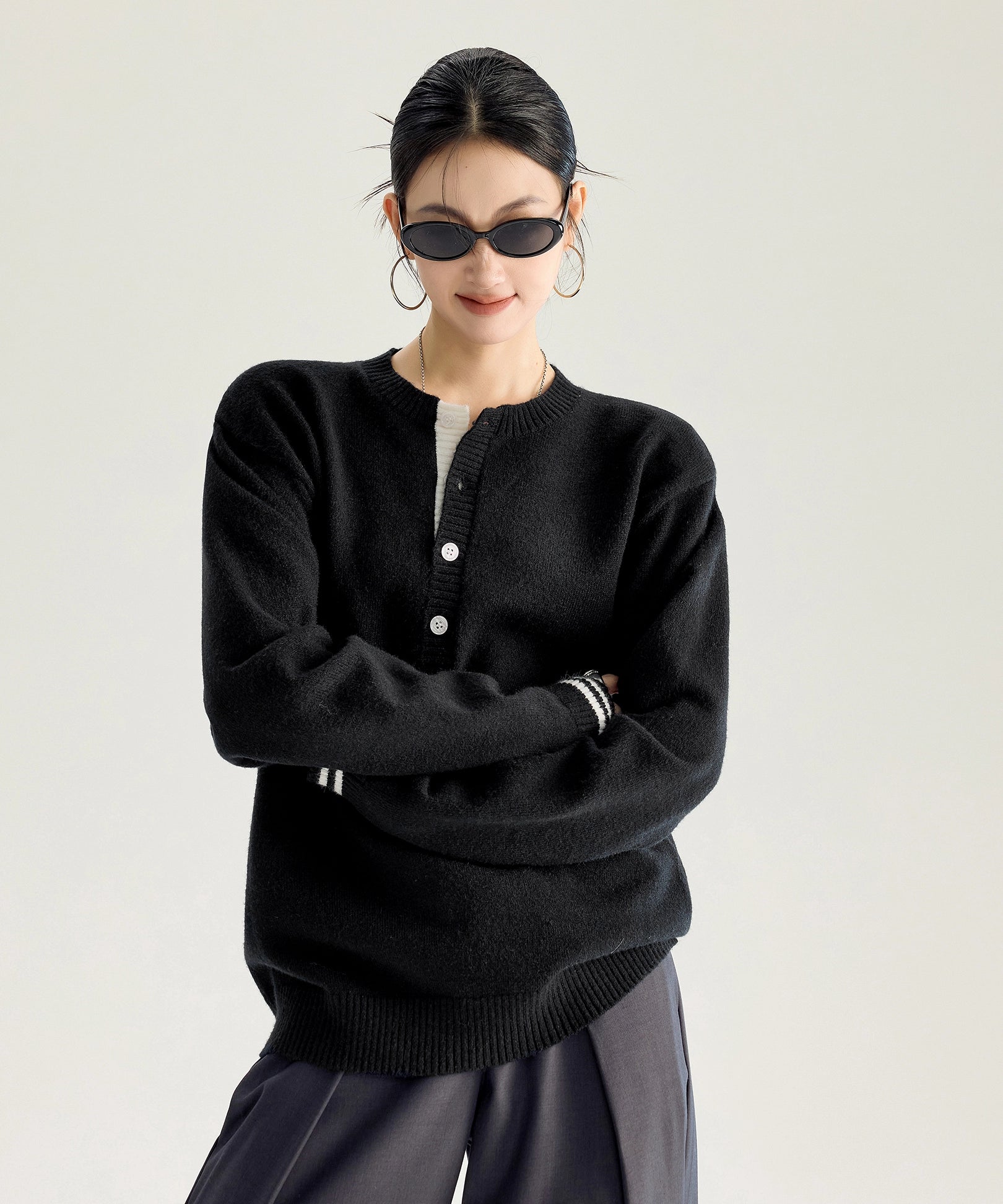 ICH MODE 美式复古亨利领毛衣女秋冬慵懒高级感毛针织衫长袖上衣