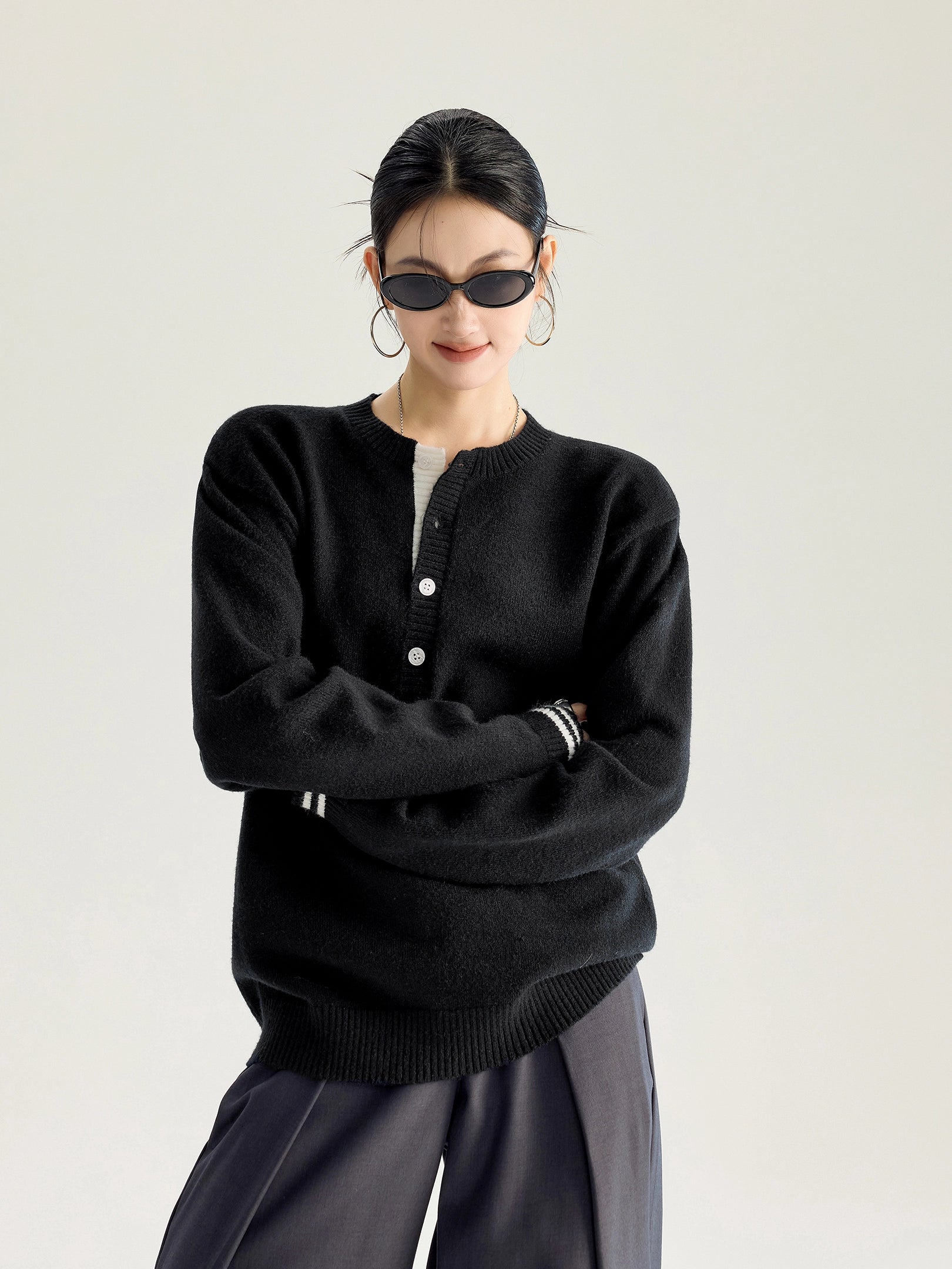 ICH MODE 美式复古亨利领毛衣女秋冬慵懒高级感毛针织衫长袖上衣