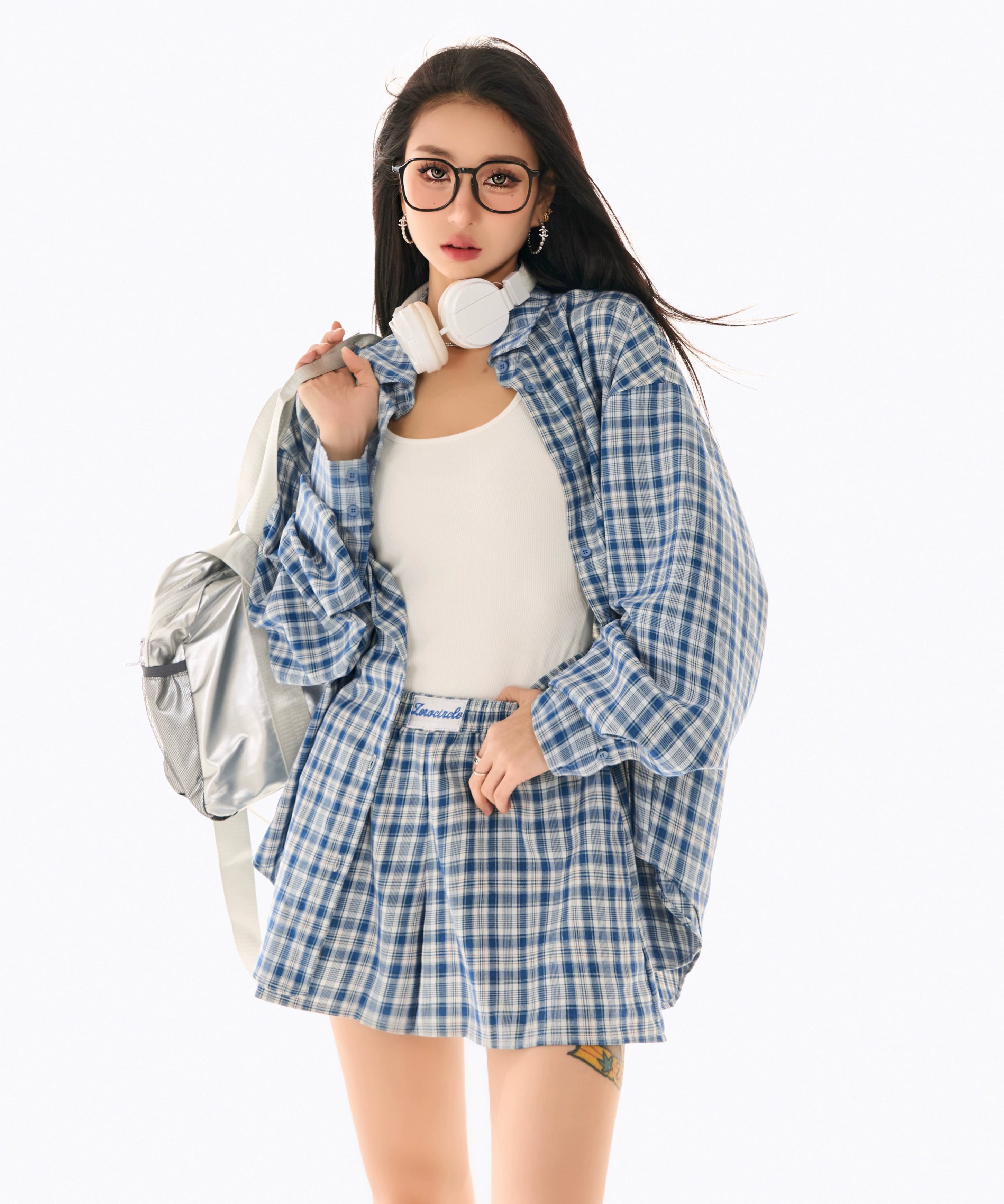 野生zerocircle休闲套装女春季蓝紫色格子宽松长袖衬衫显瘦短裤子