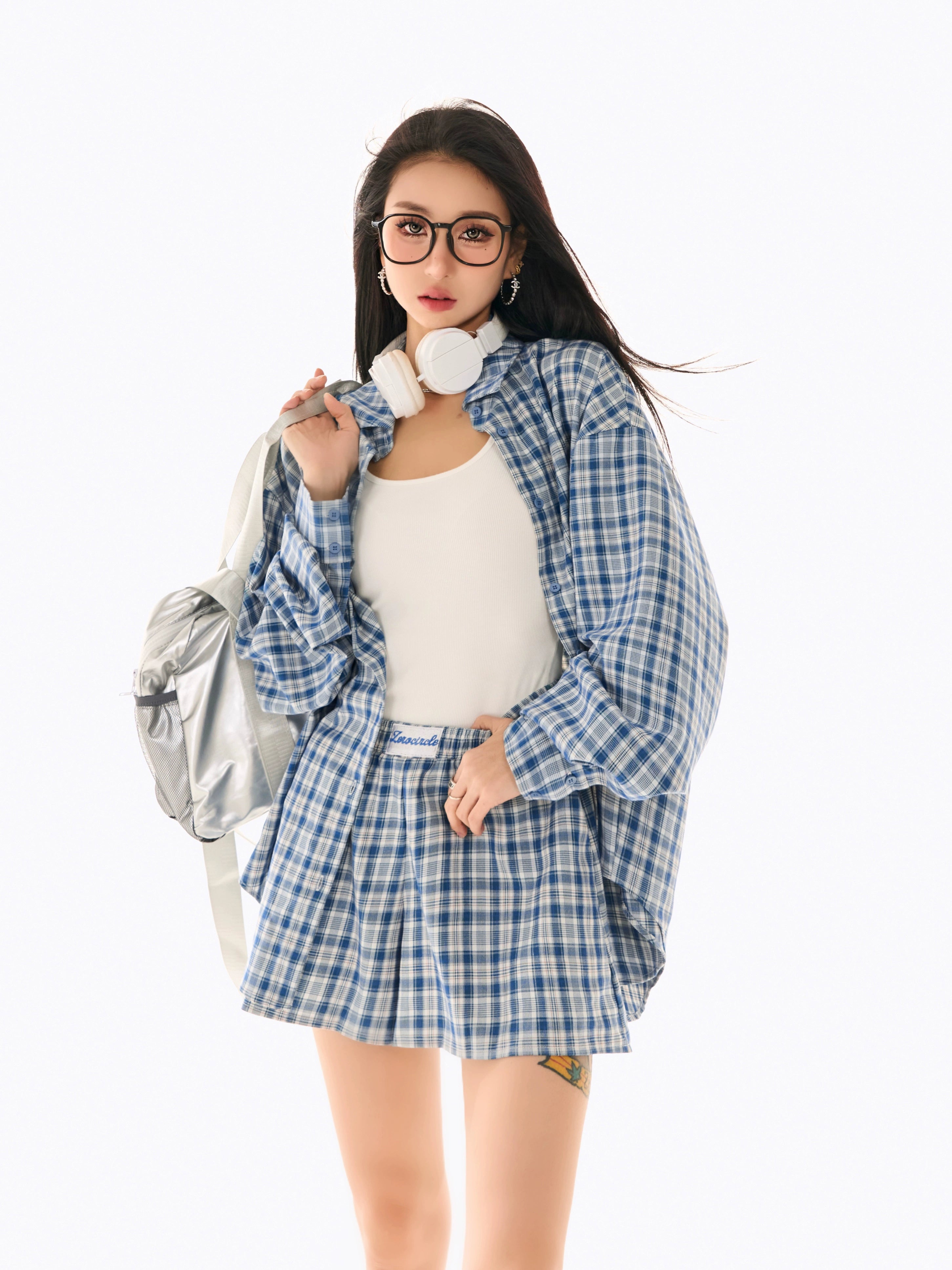 野生zerocircle休闲套装女春季蓝紫色格子宽松长袖衬衫显瘦短裤子