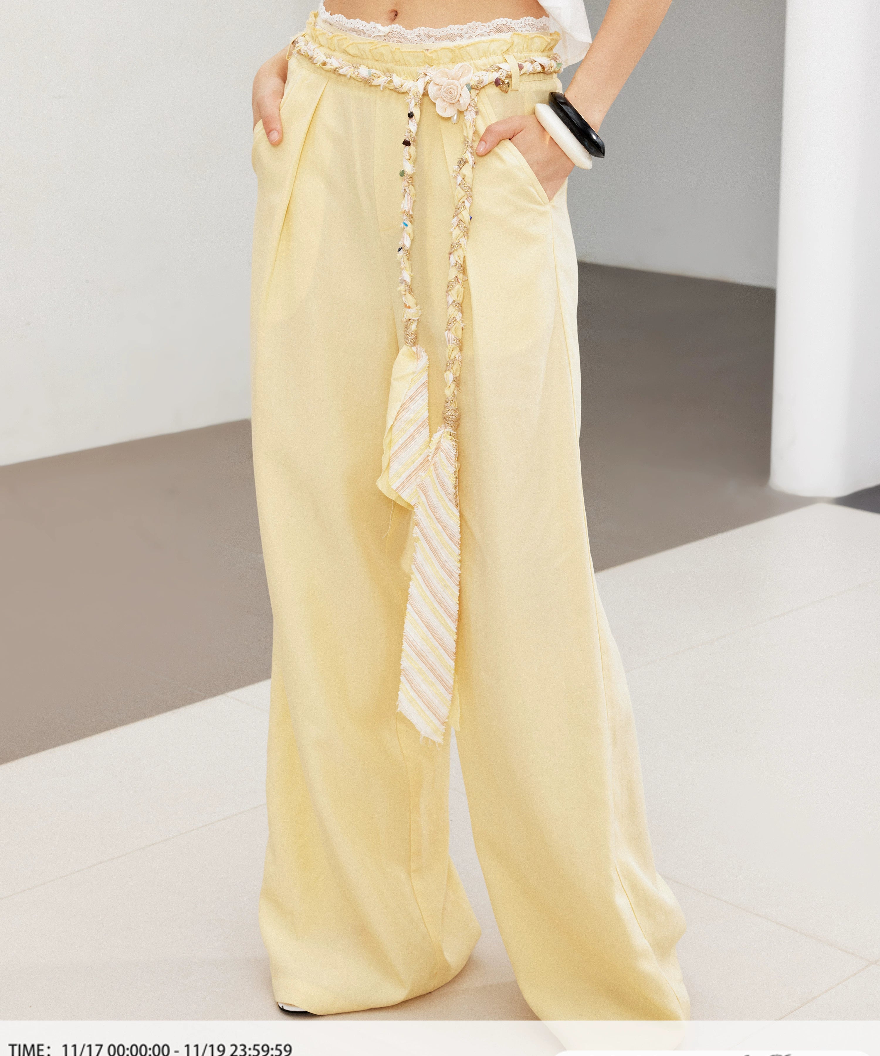 2th Desire复古松弛垂坠撞色腰头蕾丝花边拼接宽松直筒亚麻休闲裤