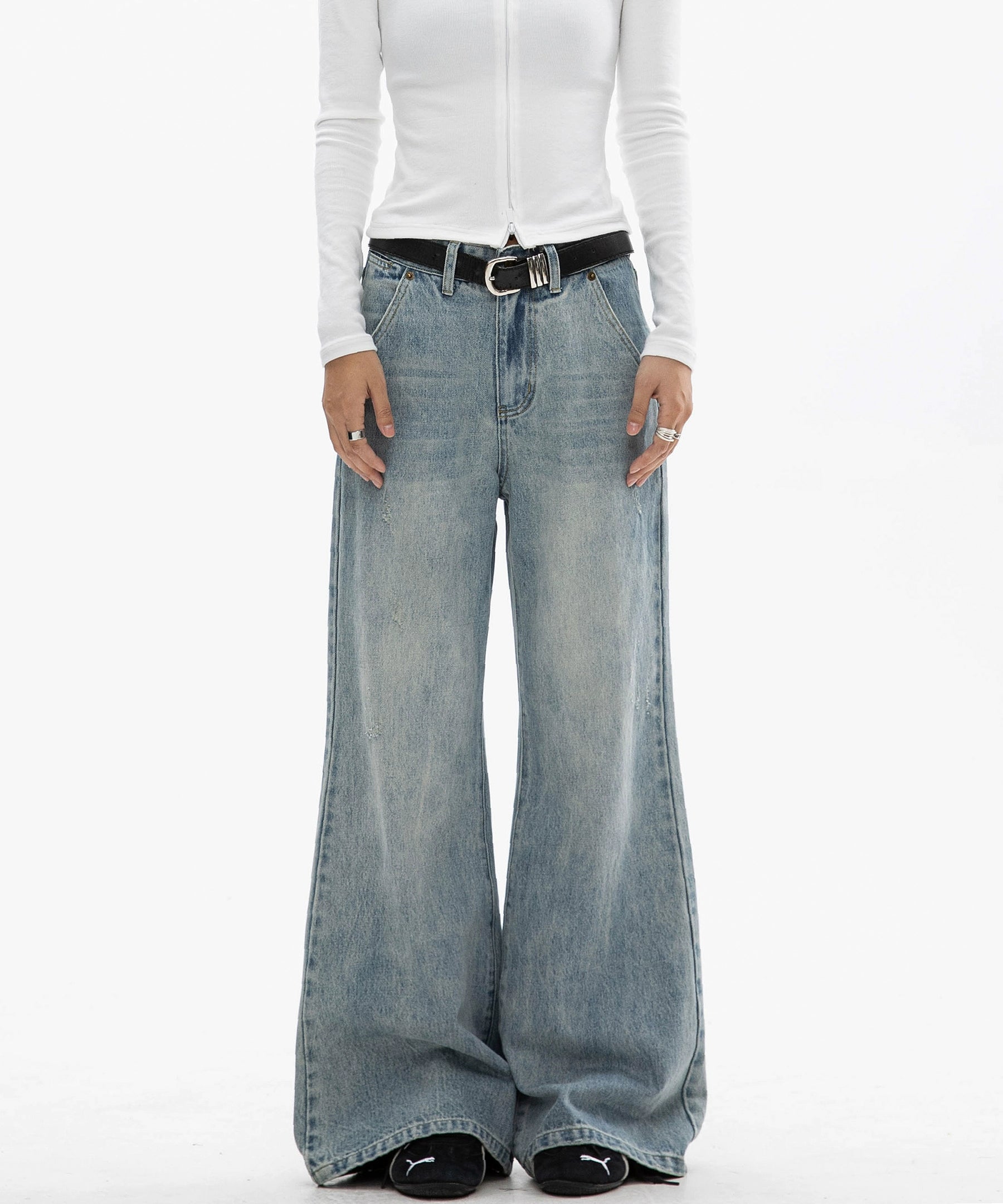 ICH MODE 美式复古水洗牛仔裤女微喇裤宽松直筒裤百搭休闲阔腿裤