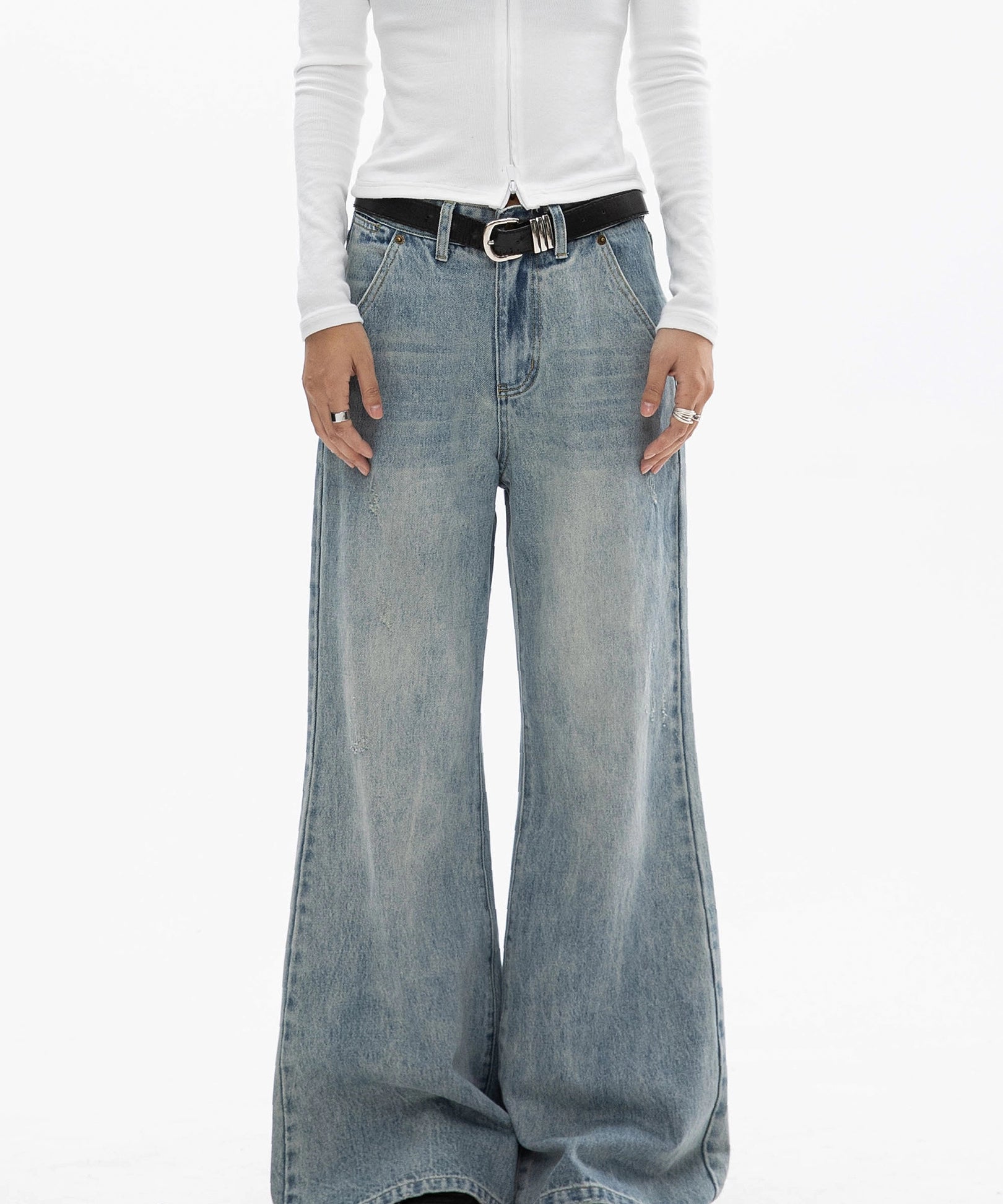 ICH MODE 美式复古水洗牛仔裤女微喇裤宽松直筒裤百搭休闲阔腿裤