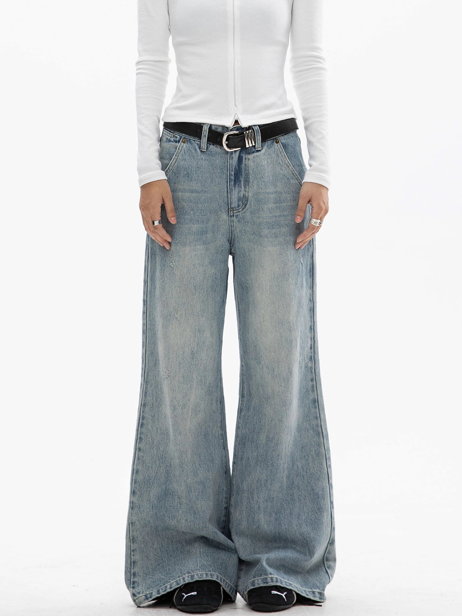 ICH MODE 美式复古水洗牛仔裤女微喇裤宽松直筒裤百搭休闲阔腿裤