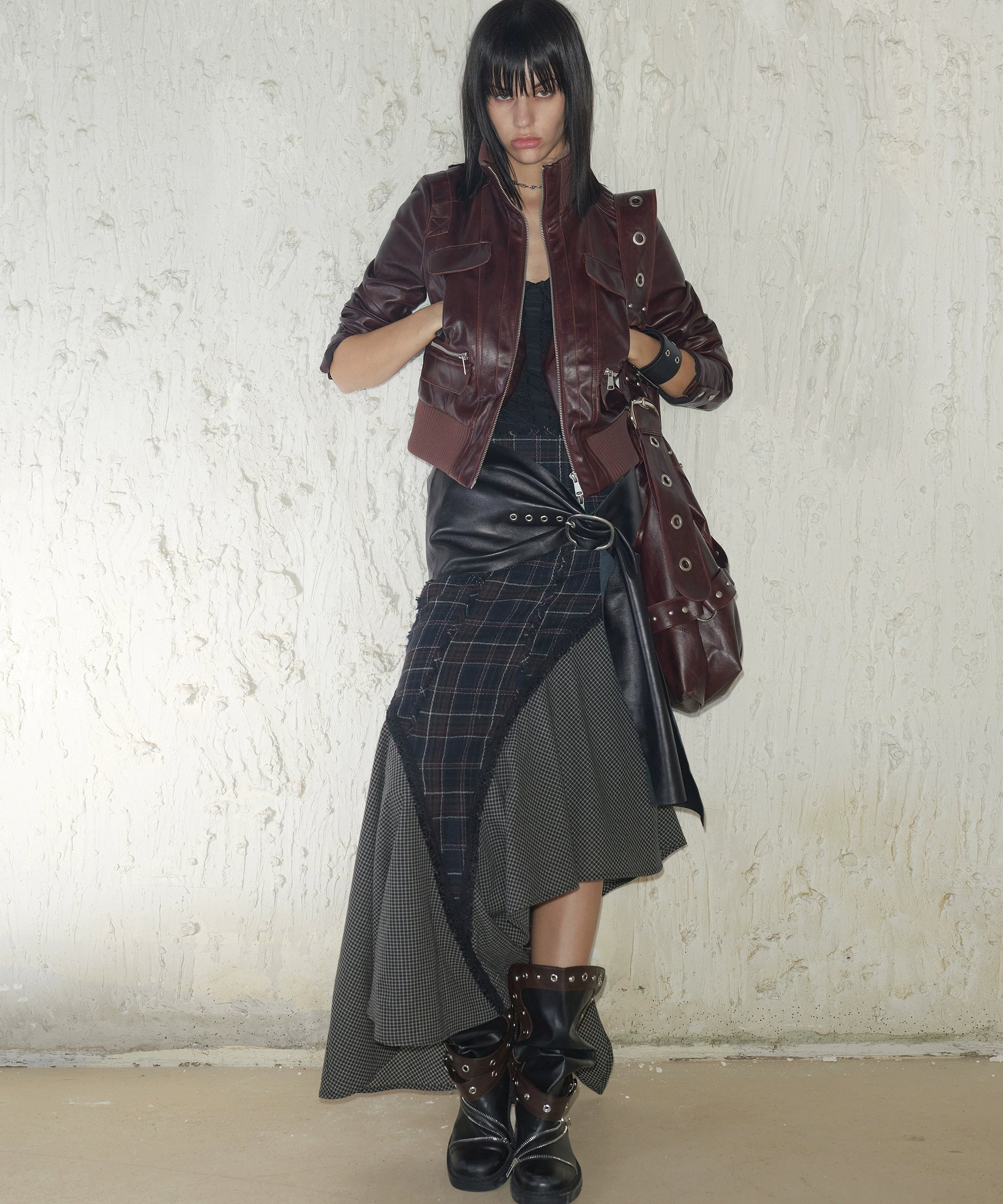 2th Desire100羊毛格纹撞色拼接毛边秋冬a字毛呢不规则长款半身裙