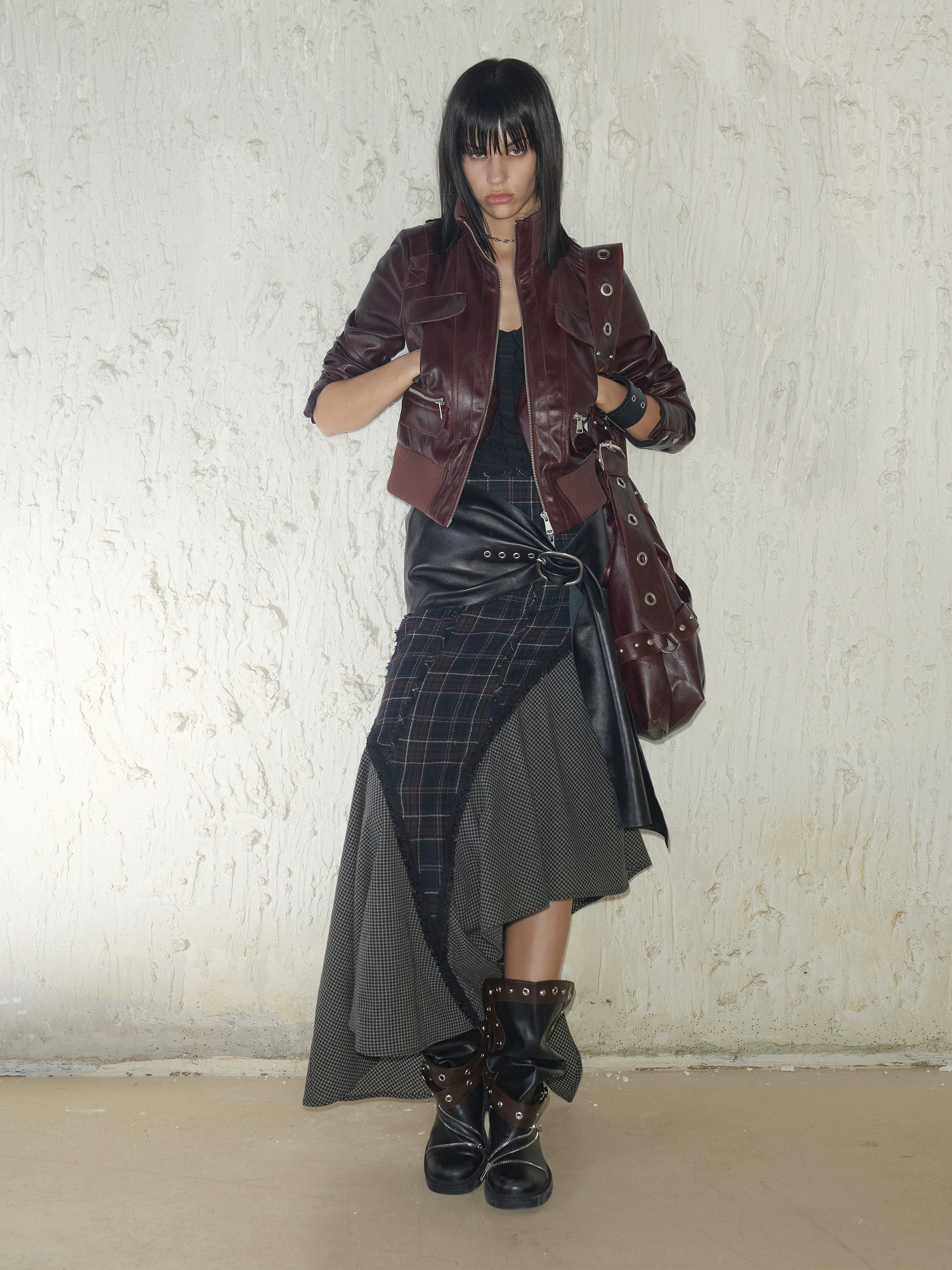 2th Desire100羊毛格纹撞色拼接毛边秋冬a字毛呢不规则长款半身裙