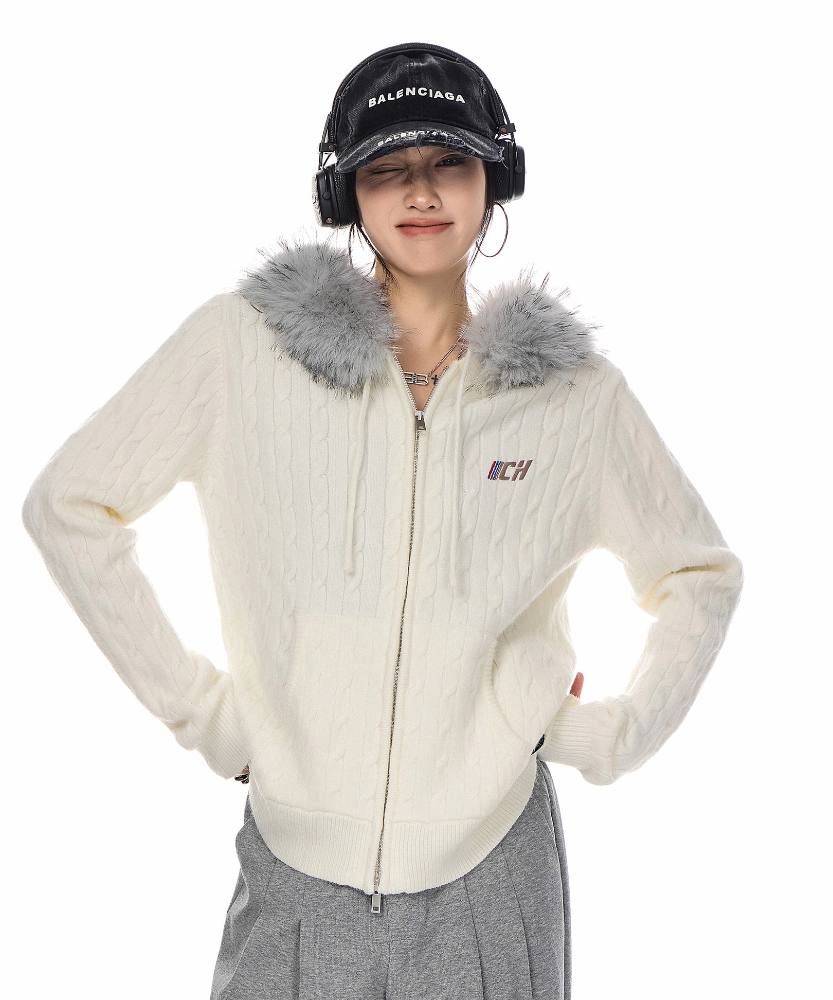 ICH MODE 美式复古刺绣毛领连帽针织开衫女秋冬休闲慵懒毛衣外套