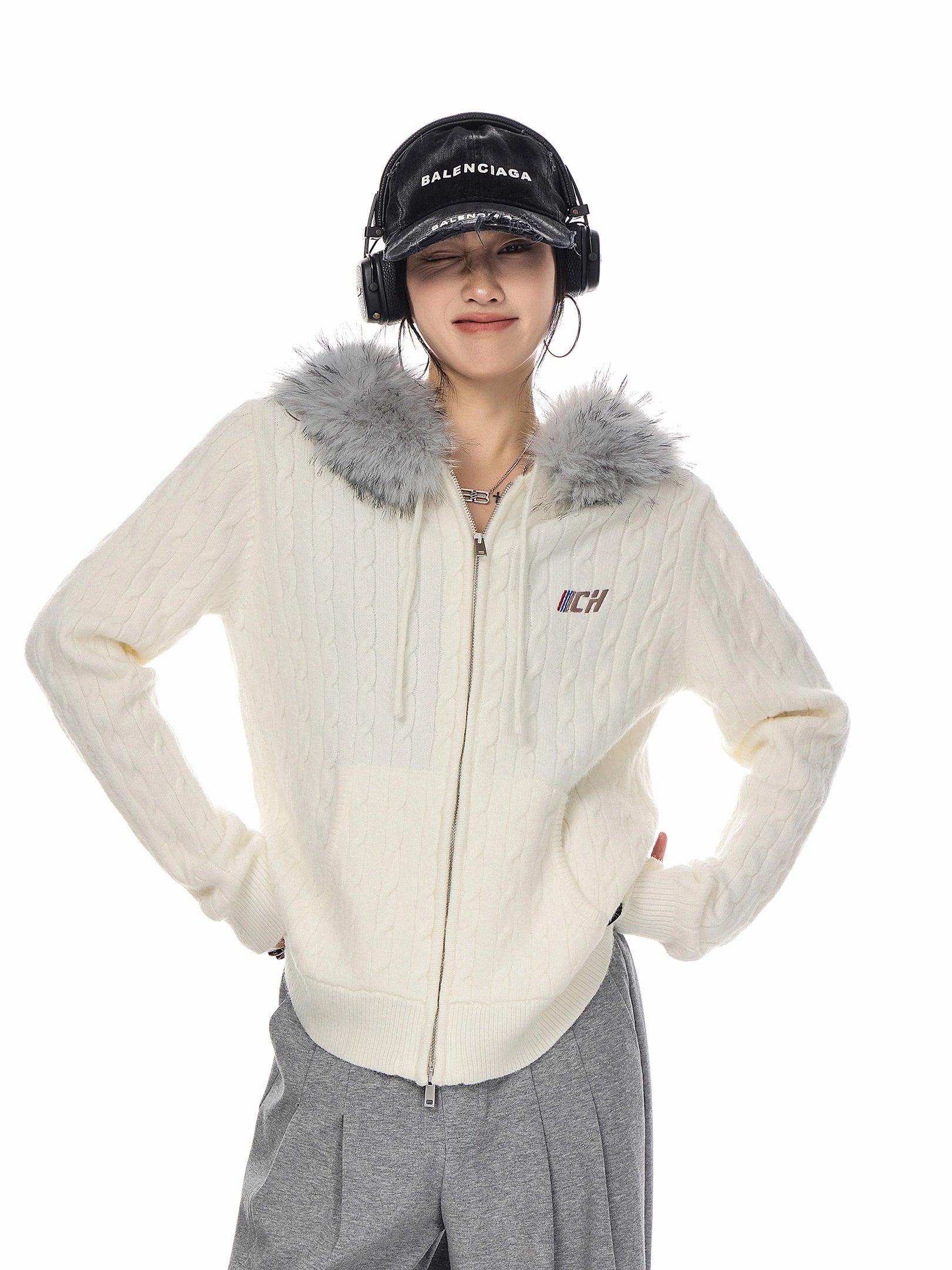 ICH MODE 美式复古刺绣毛领连帽针织开衫女秋冬休闲慵懒毛衣外套