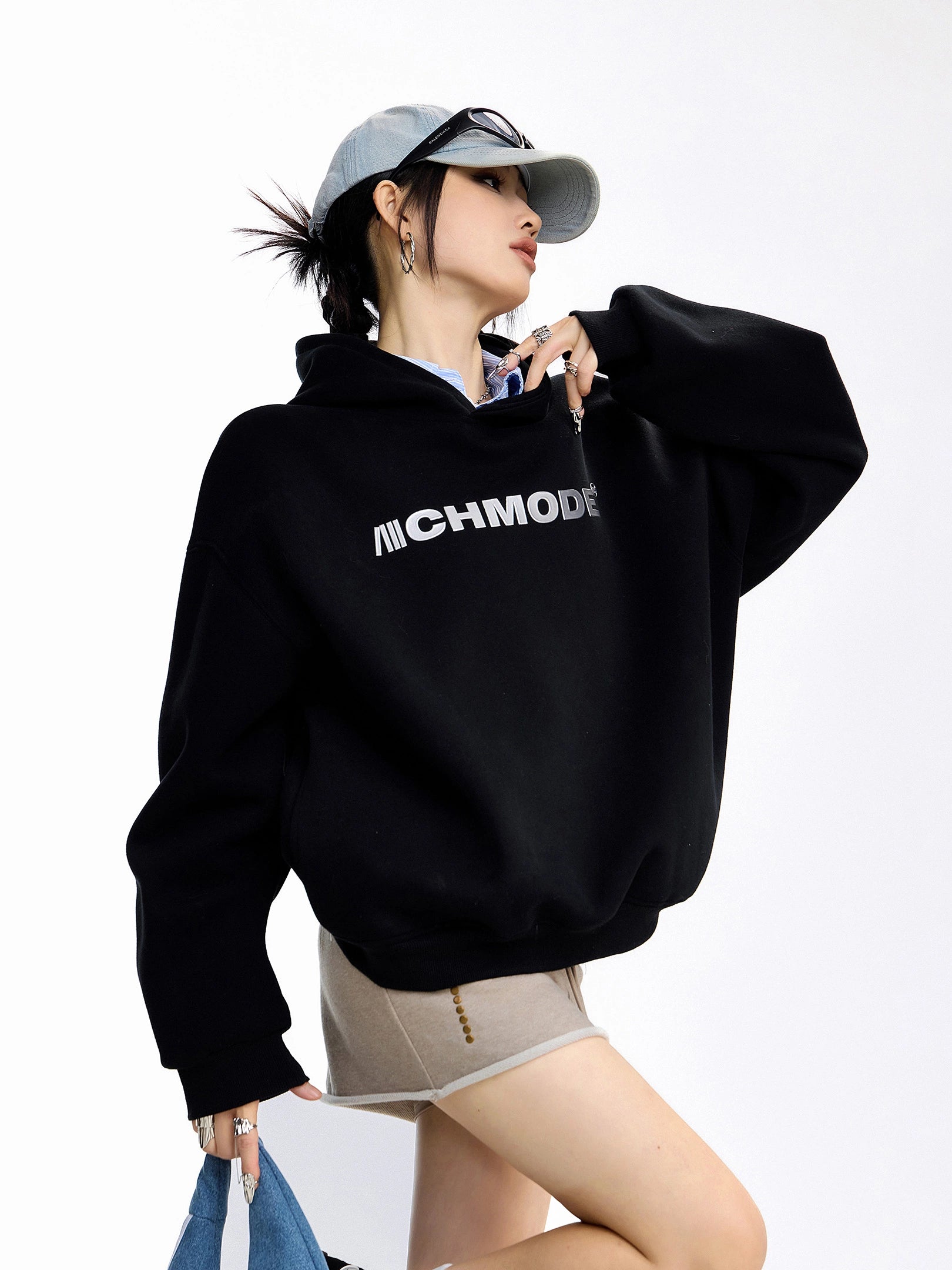 ICH MODE 美式印花黑色连帽卫衣女秋冬宽松流行外套上衣2025新款