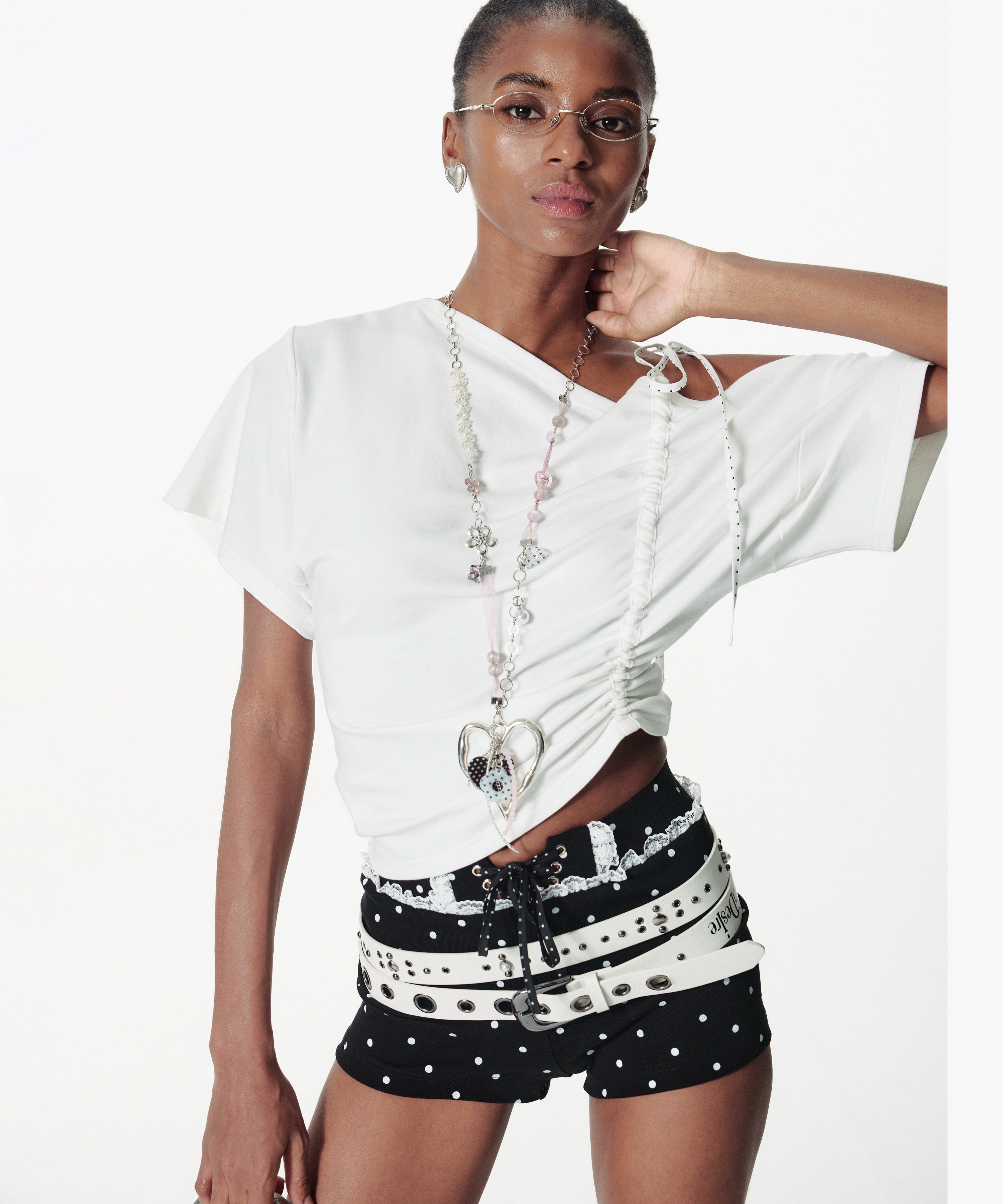 2th Desire斜肩撞色波点抽绳绑带拼接宽松蝙蝠袖柔软T恤上衣女