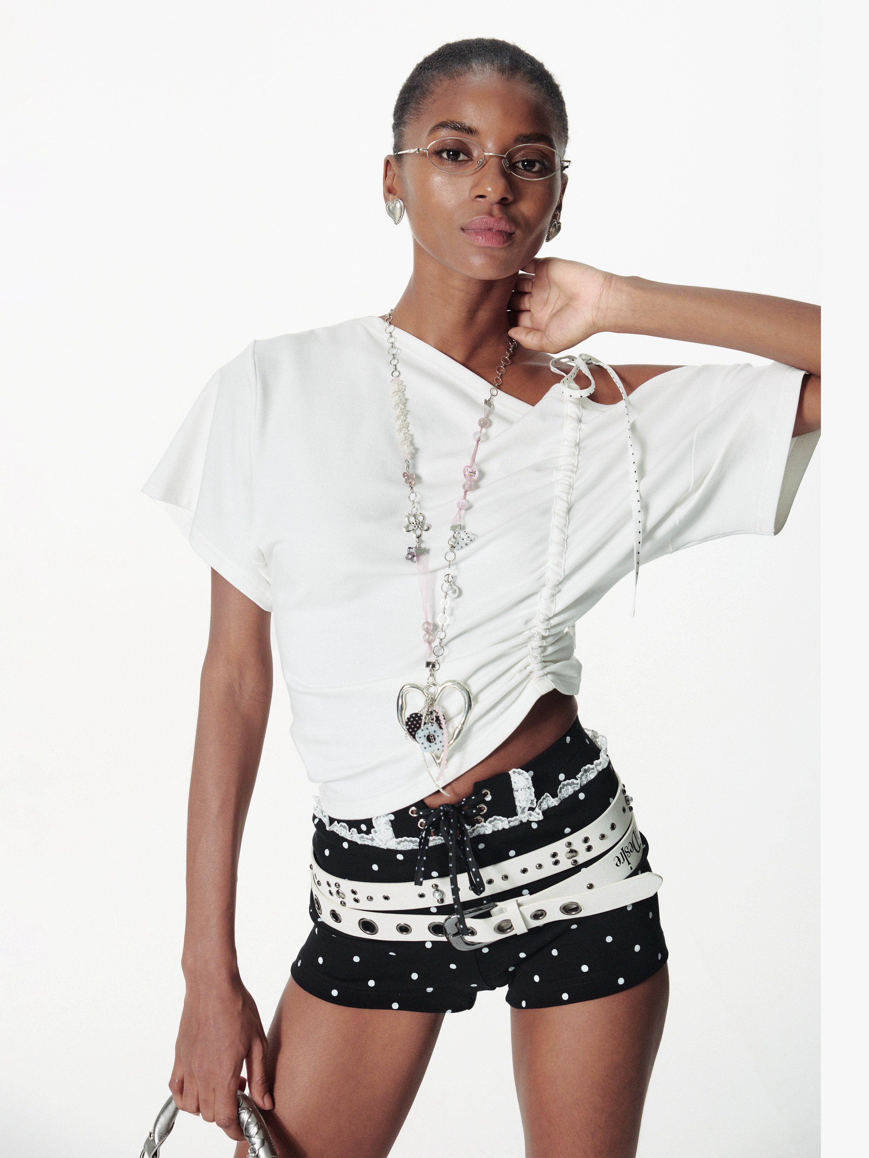 2th Desire斜肩撞色波点抽绳绑带拼接宽松蝙蝠袖柔软T恤上衣女