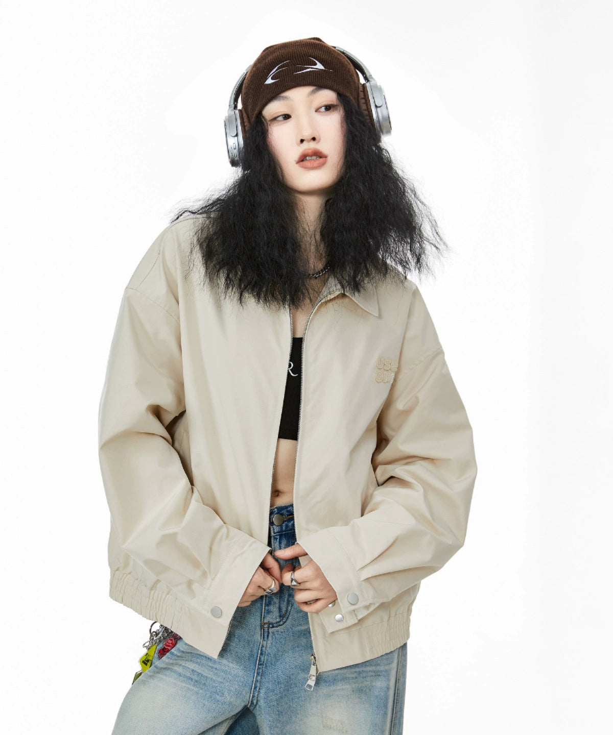 ICH MODE 美式复古拉链外套女2025秋冬新款宽松休闲工装夹克上衣