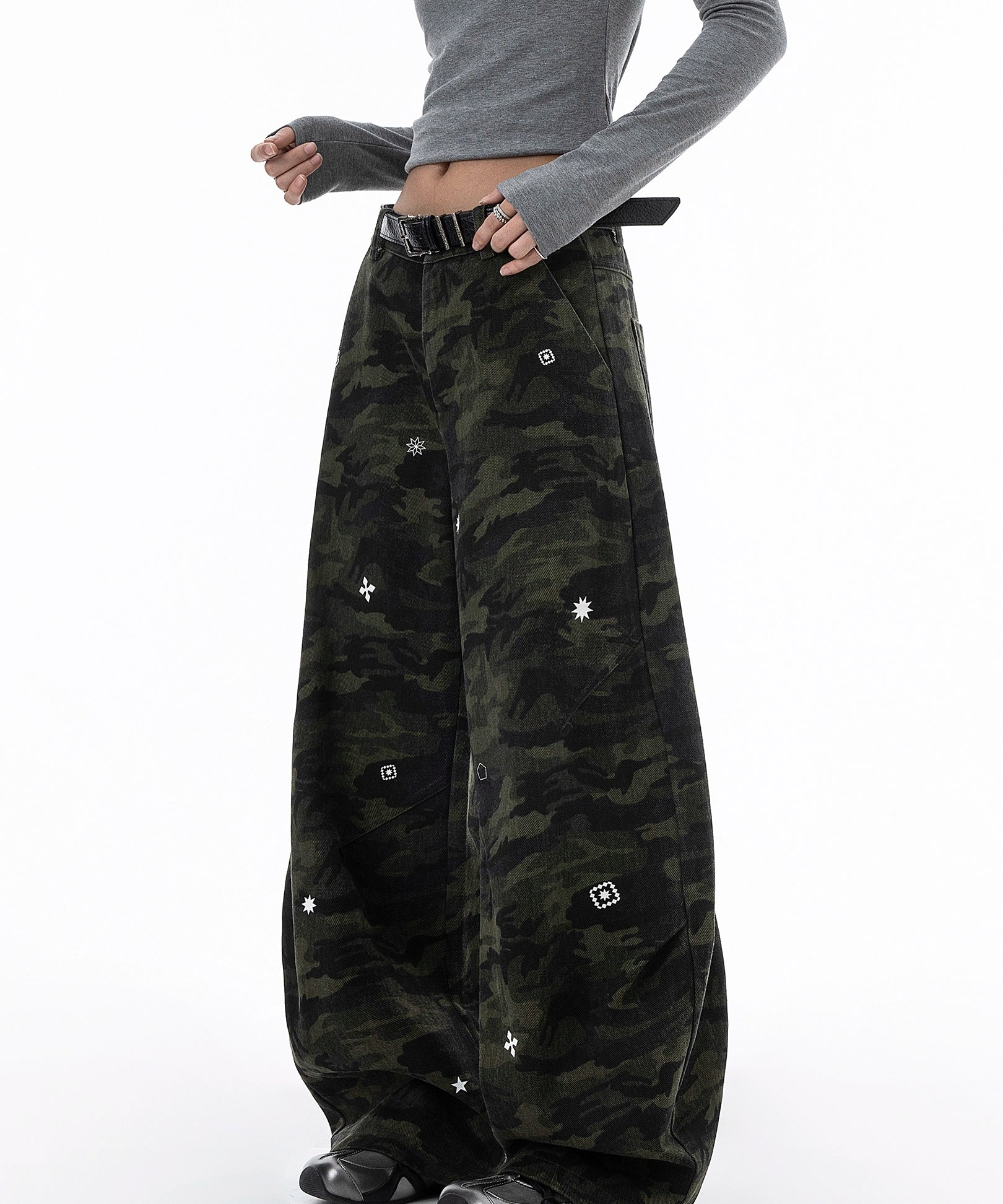 ICH MODE 美式复古星星休闲裤女宽松工装裤迷彩裤直筒阔腿运动裤