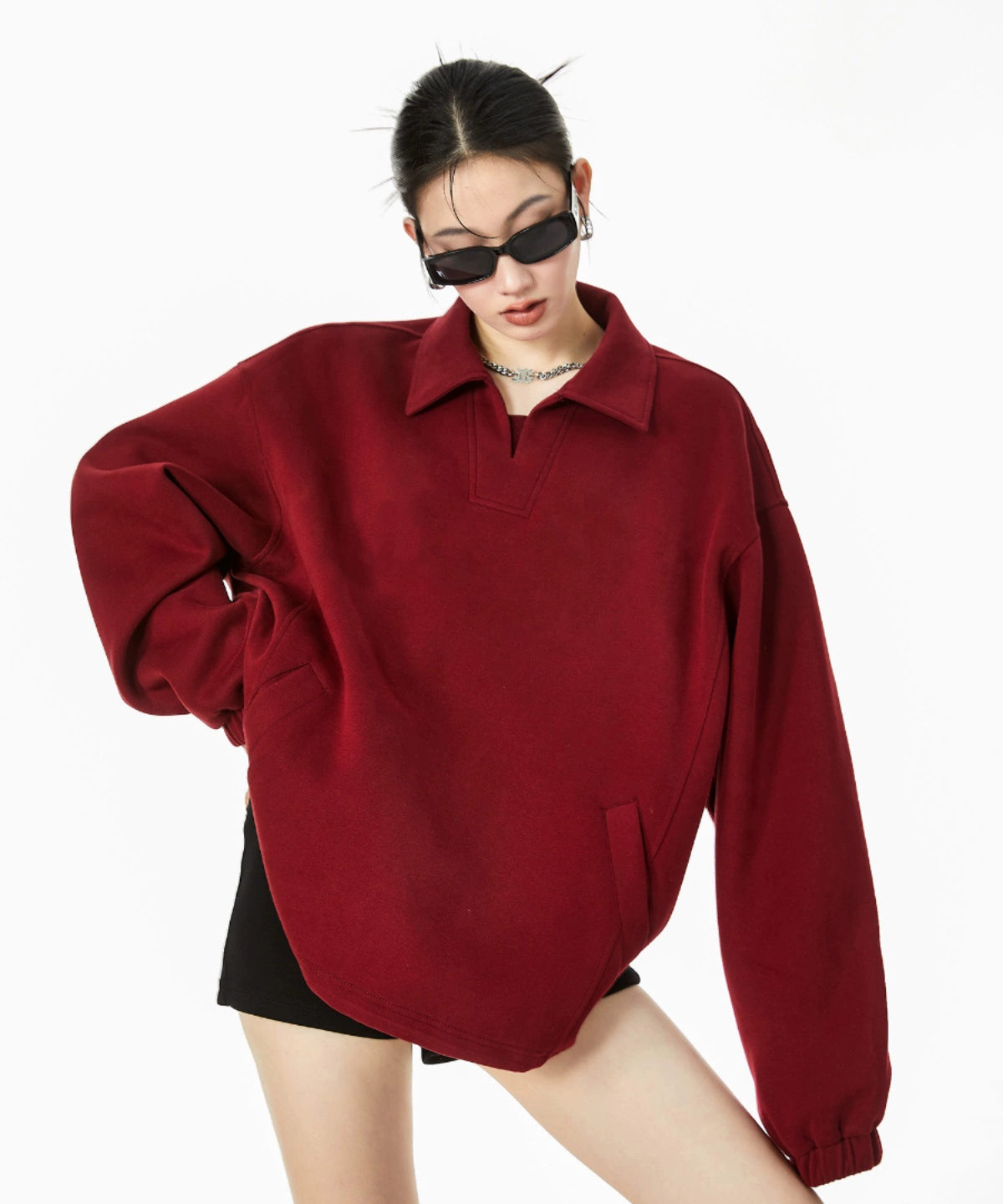 ICH MODE 美式POLO领纯色卫衣2025年秋冬新款慵懒风宽松上衣女款